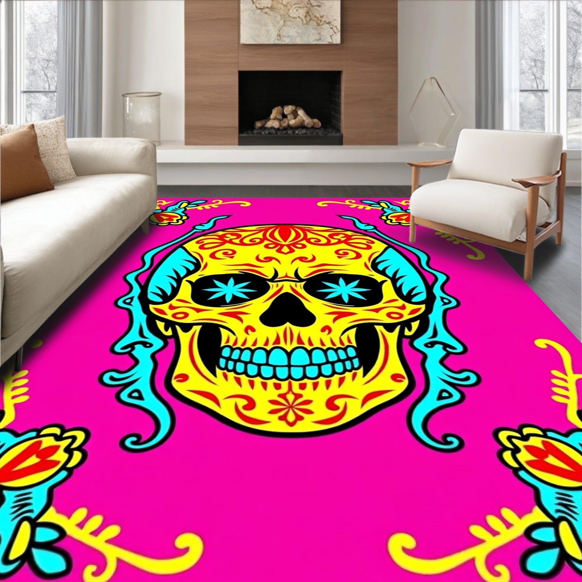 Vibrant Yellow Skull Floral Border Rug