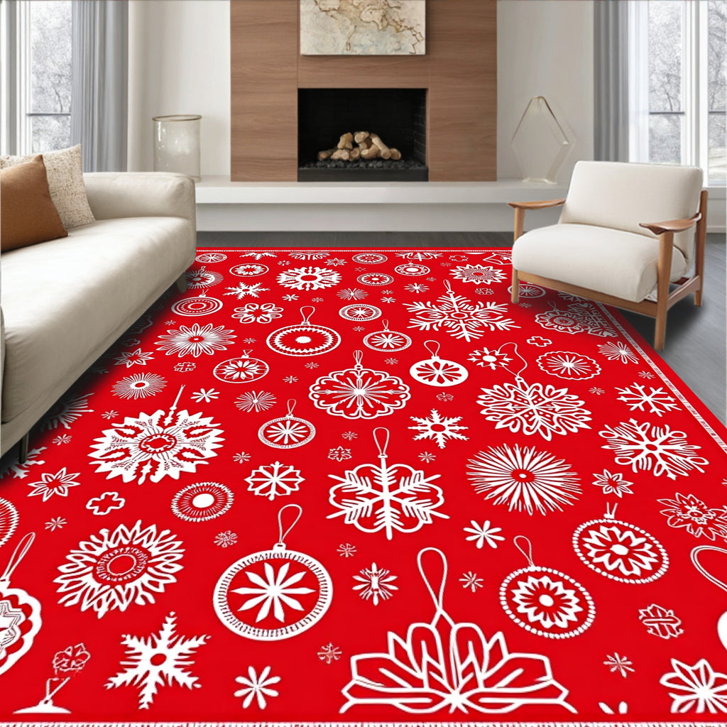 Festive Red White Snowflake Ornament Arrangement Rug