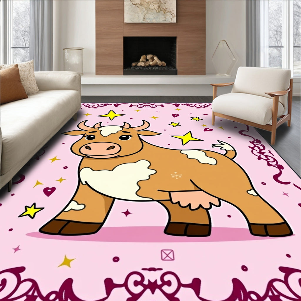 Whimsical Brown Cow Starry Pink Rug