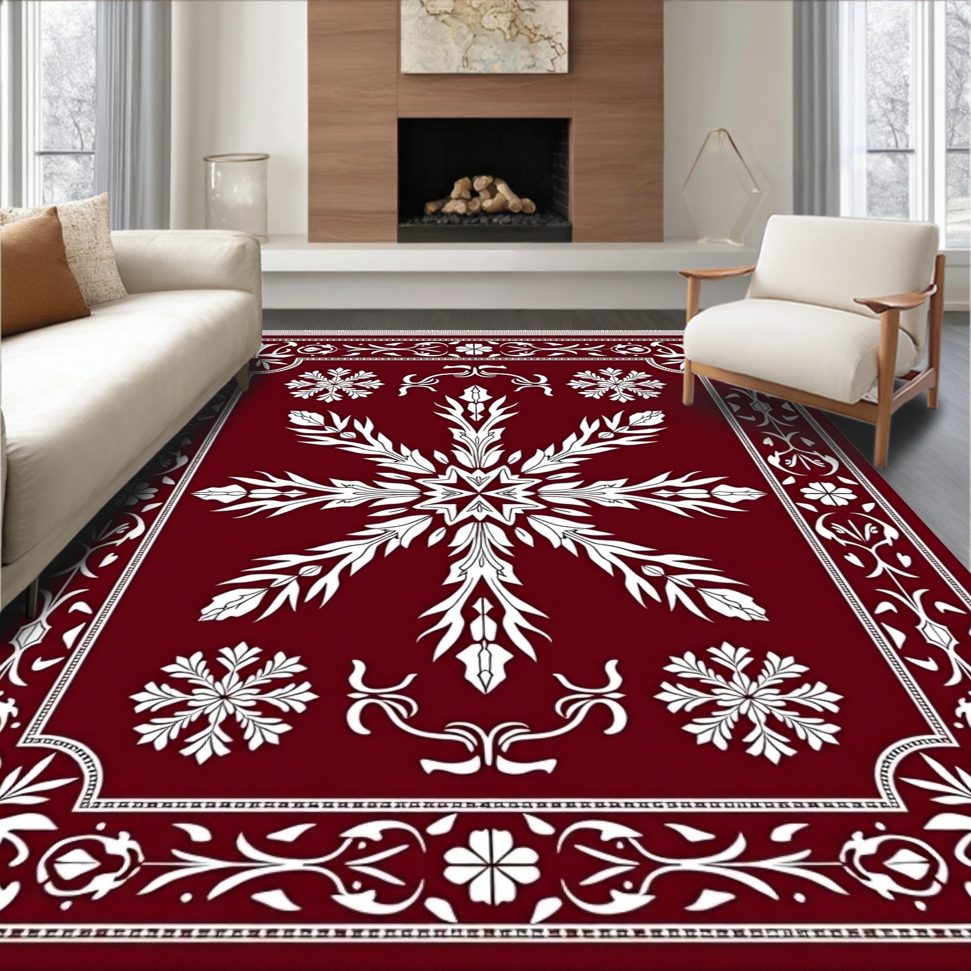 Crimson Deep White Floral Medallion Rug