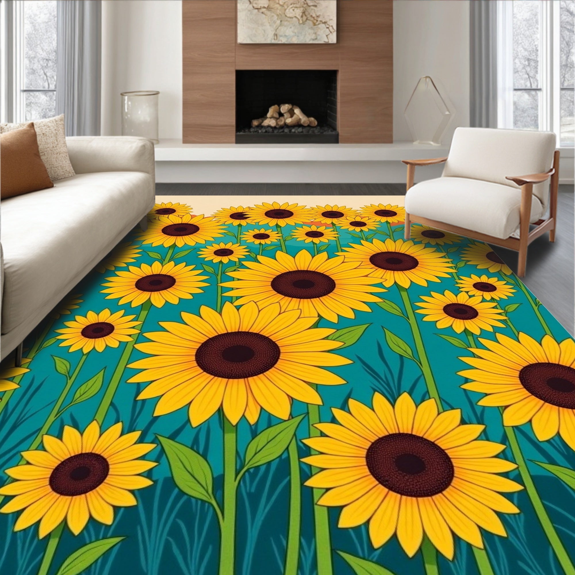 Vibrant Yellow Sunflower Field Rug