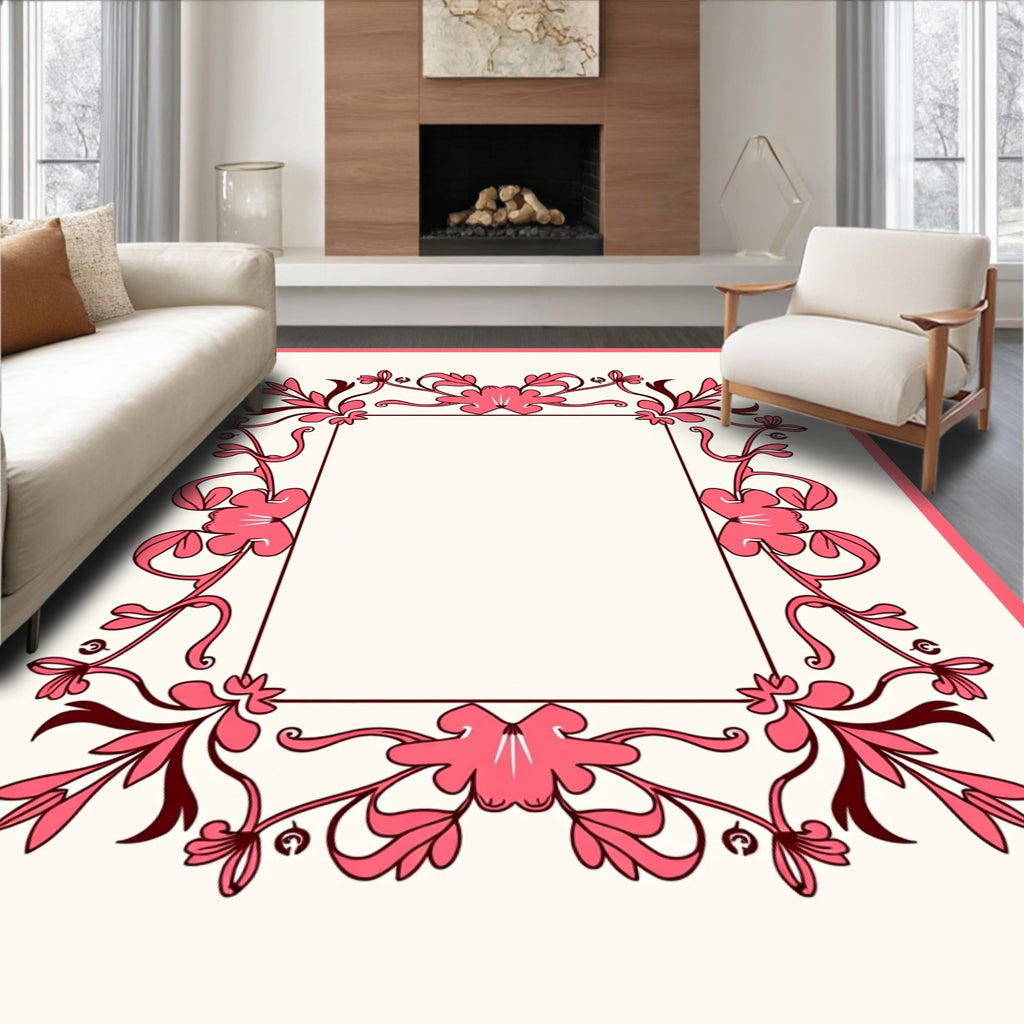 Rose Pink Floral Vine Border Rug