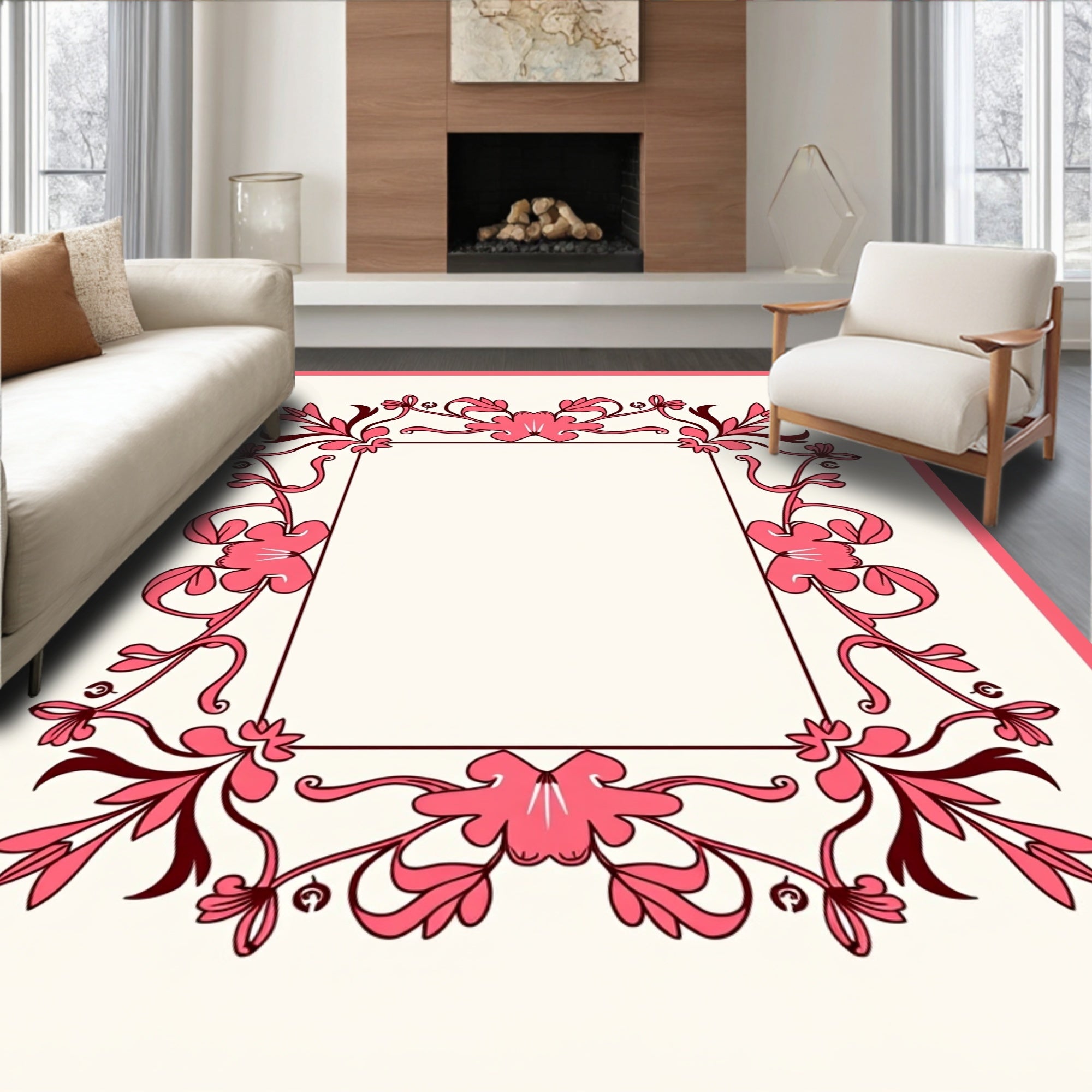 Rose Pink Floral Vine Border Rug
