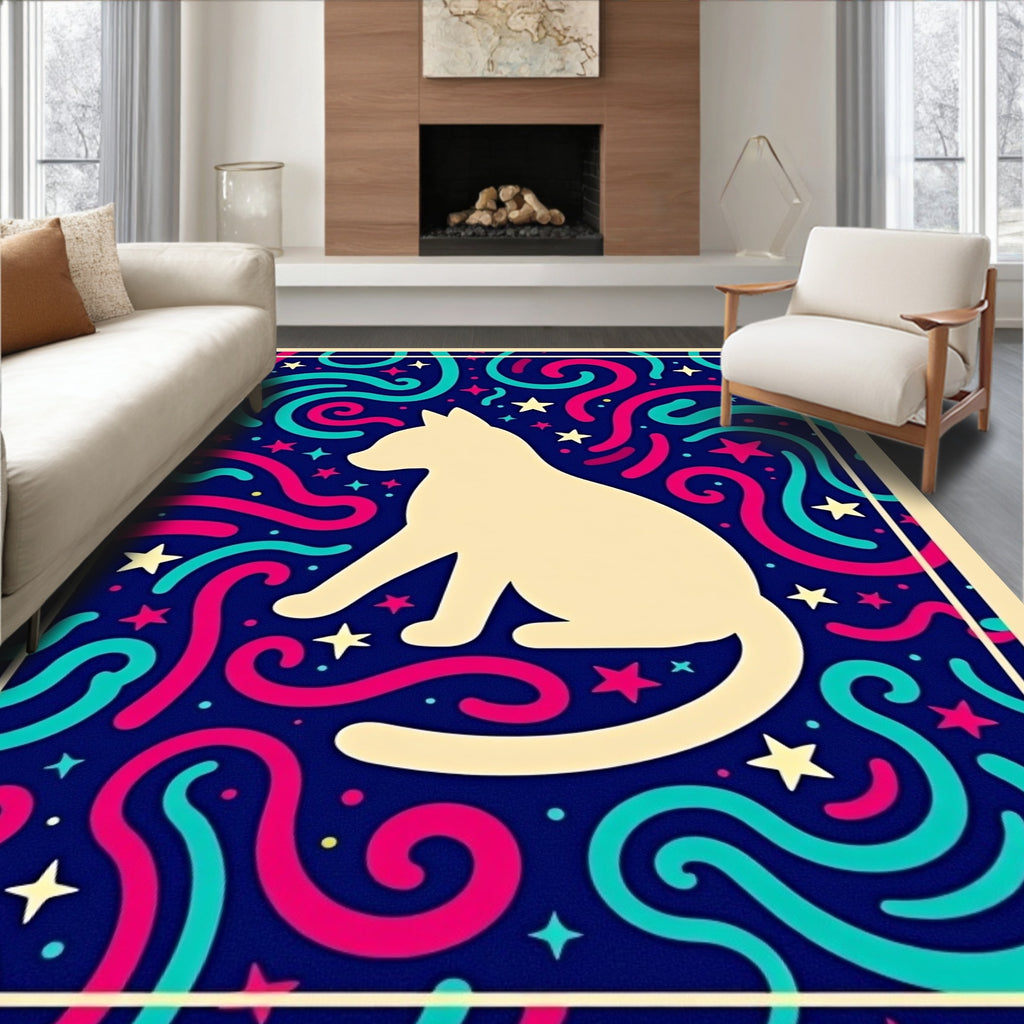 Cream Cat with Swirls and Stars Rug