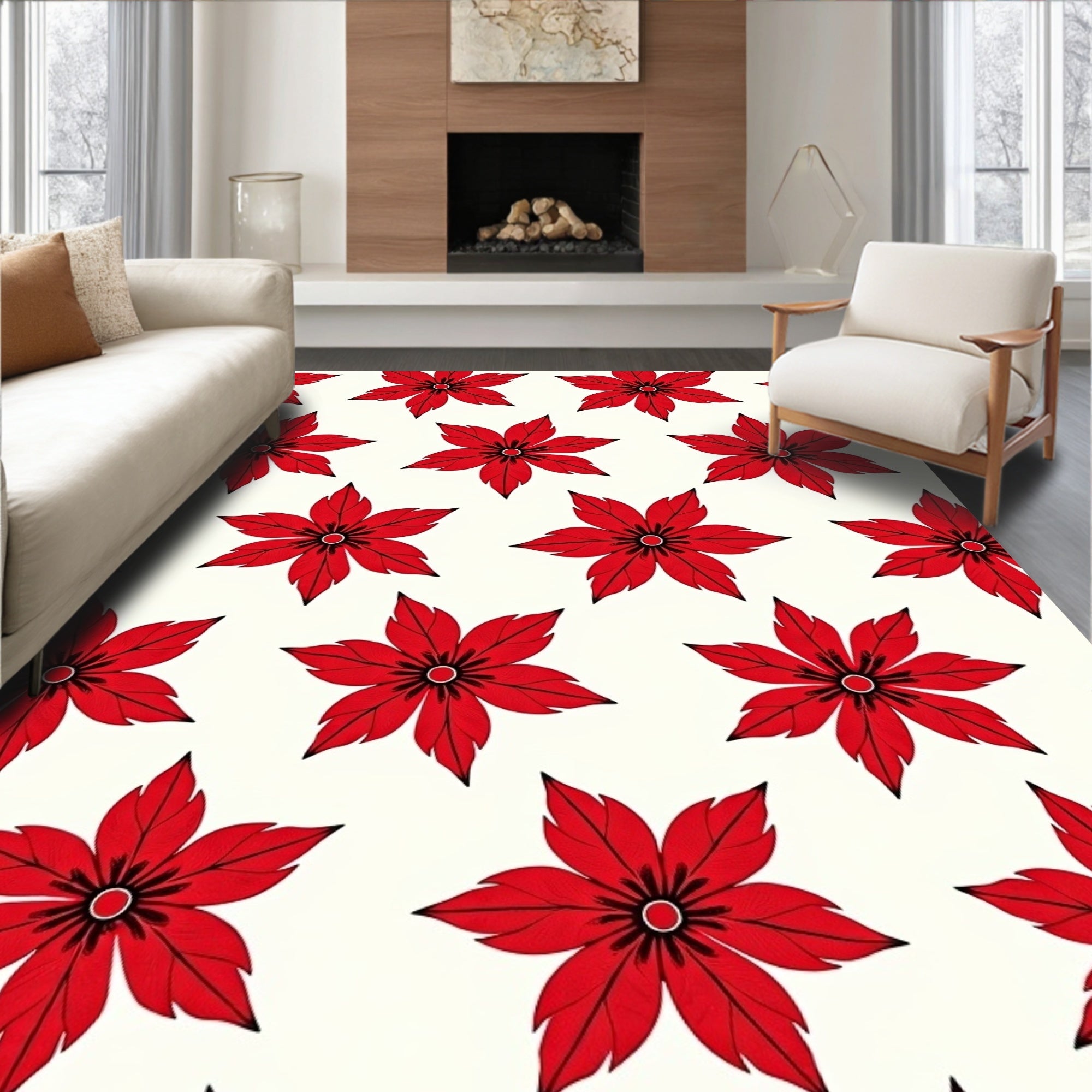 Vibrant Red Floral Poinsettia Repeating Rug