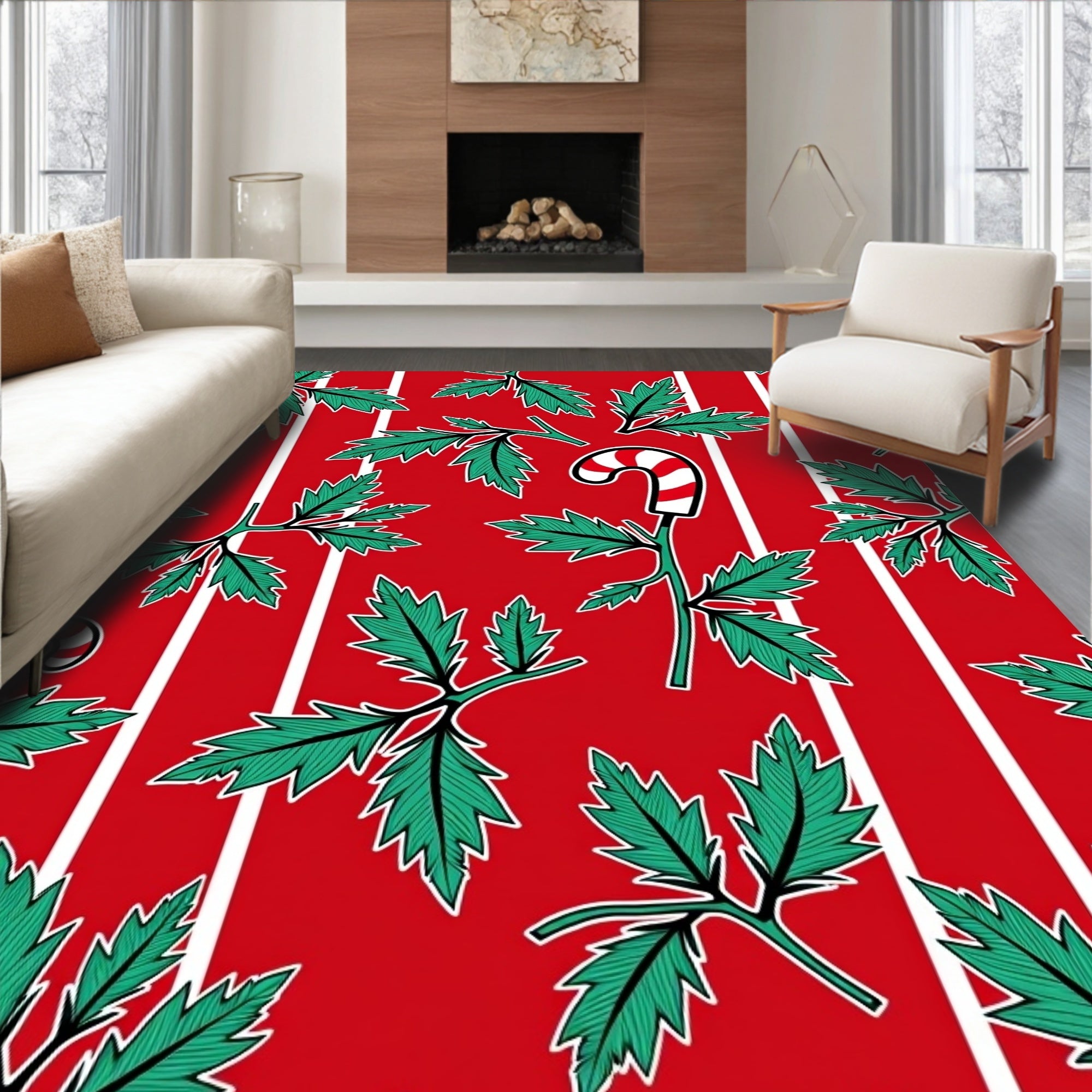 Red Green Holly Candy Cane Stripe Rug