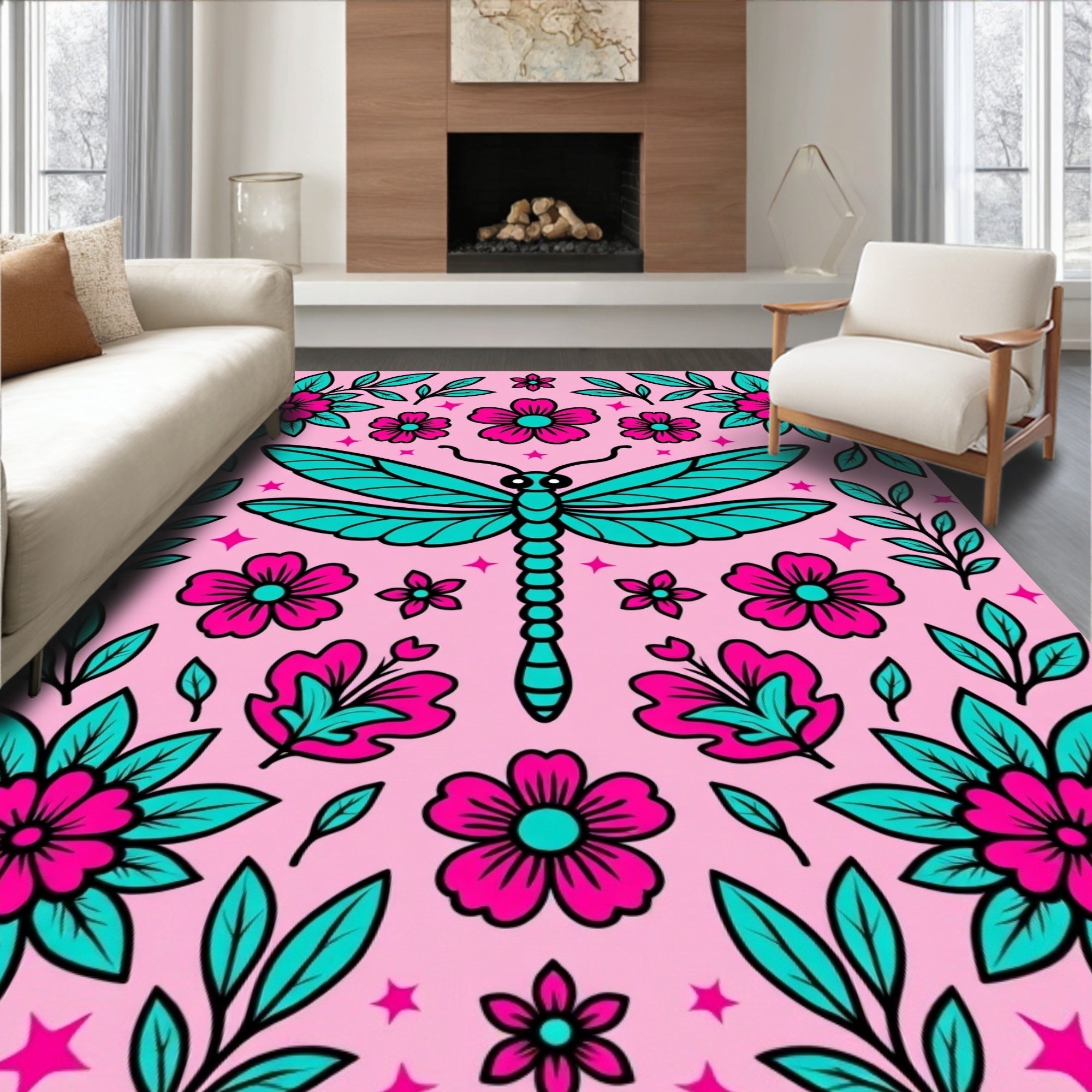 Pink Teal Dragonfly Floral Bloom Rug