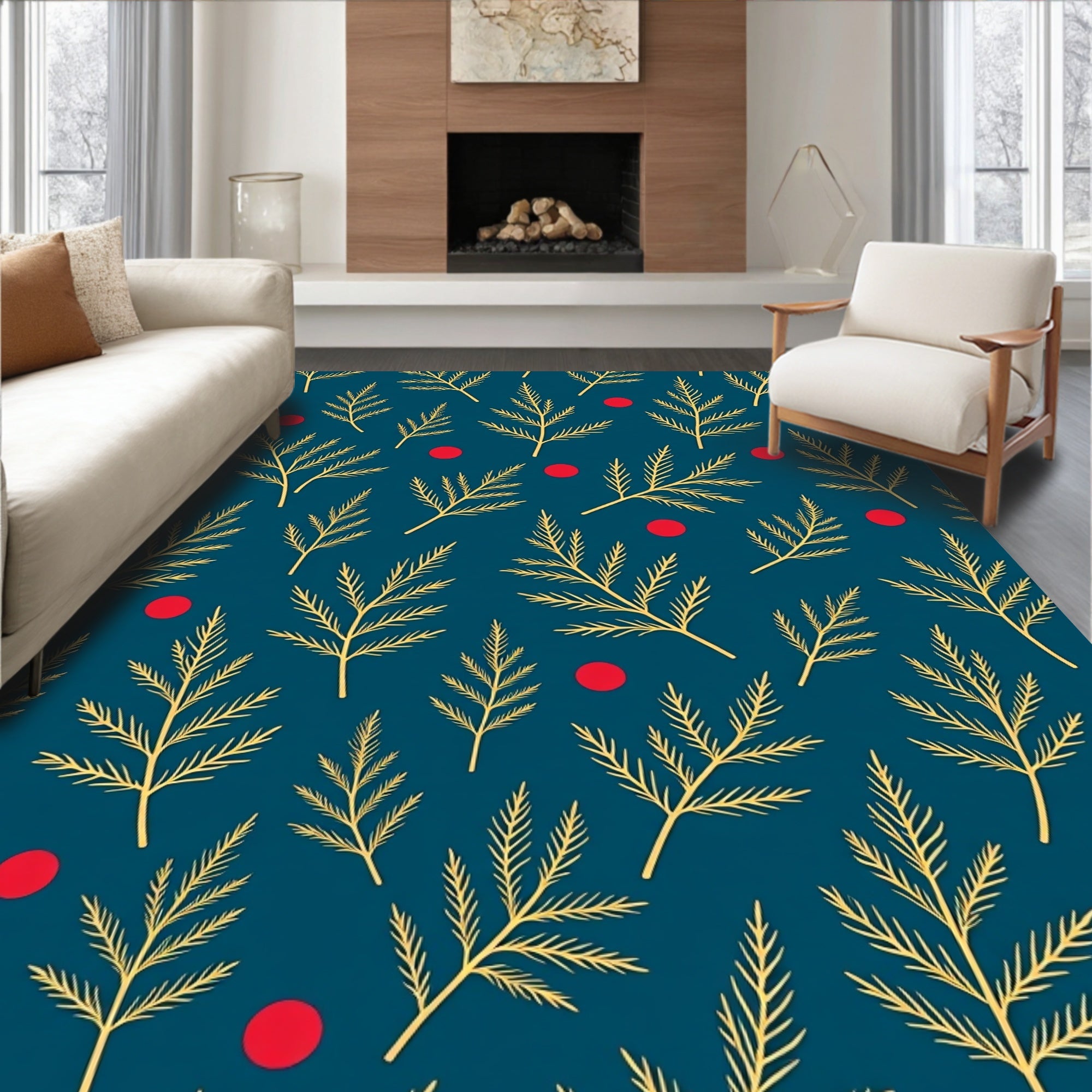 Teal Gold Leaf Red Berry Garden Rug