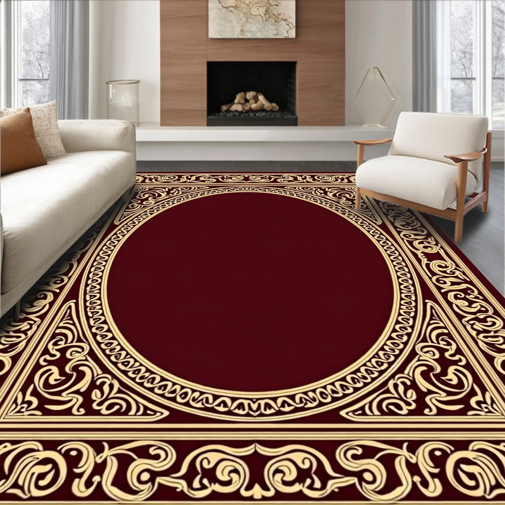 Ornate Maroon Gold Scroll Frame Rug