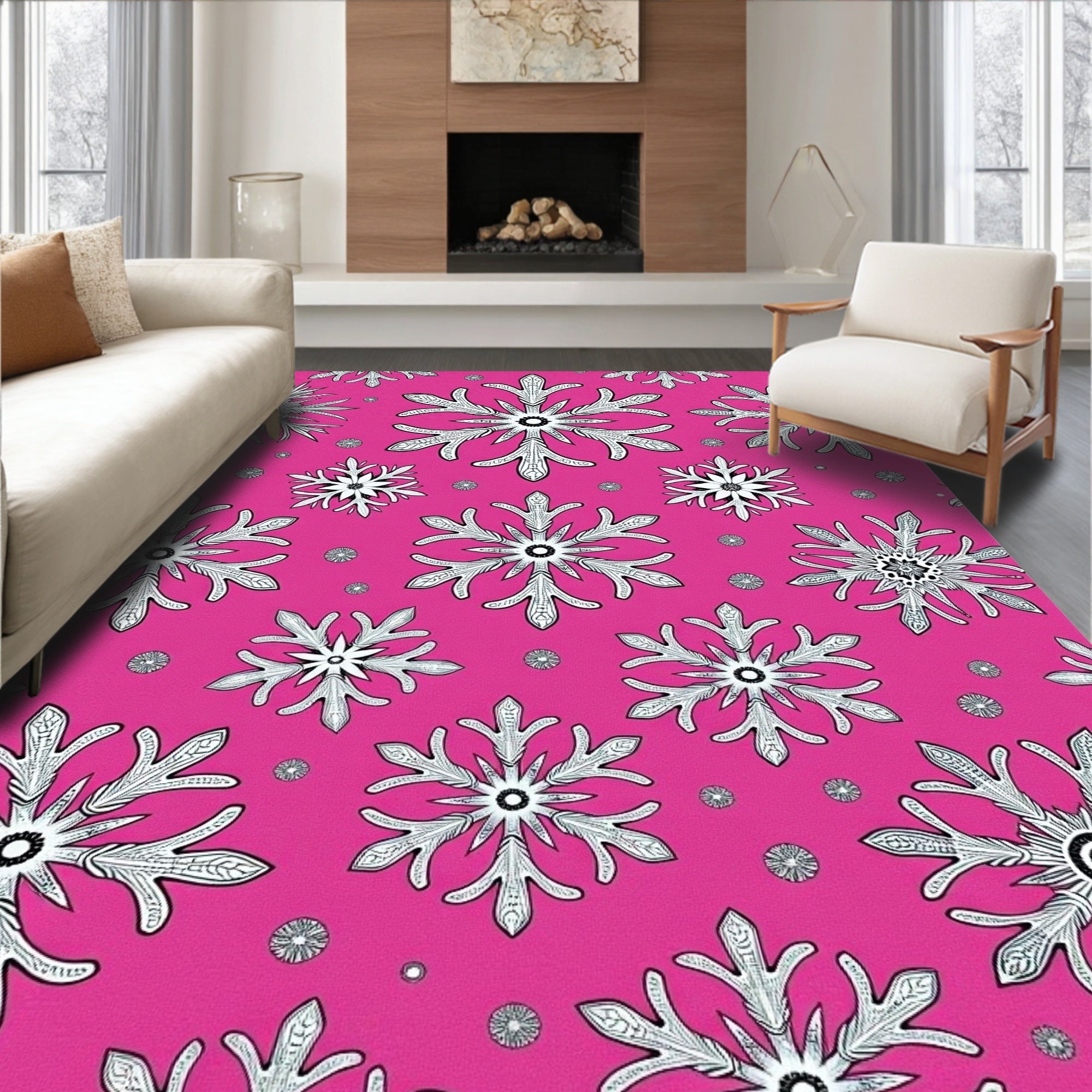 Pink Snowflake Cluster Art Rug