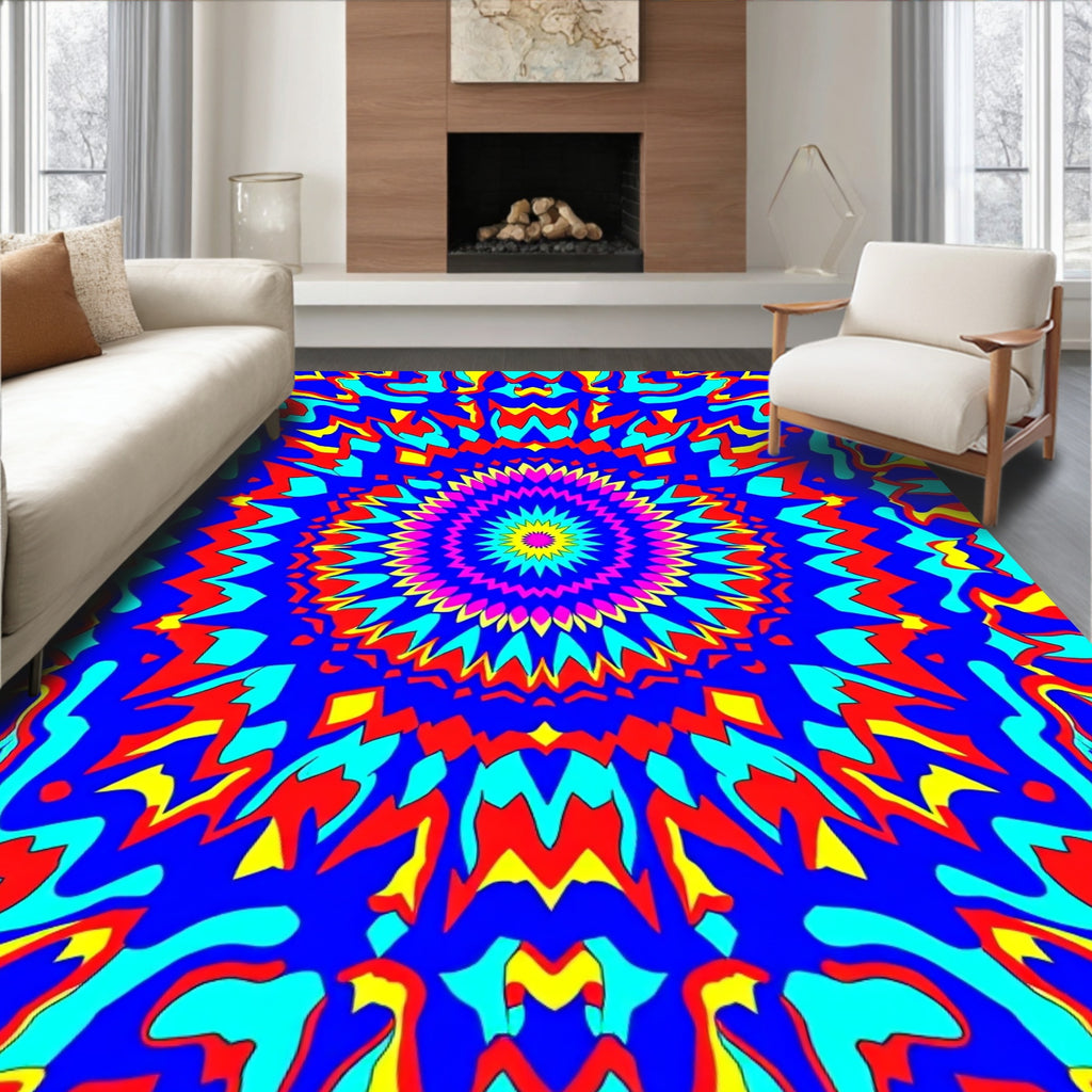 Vibrant psychedelic mandala blue Rug