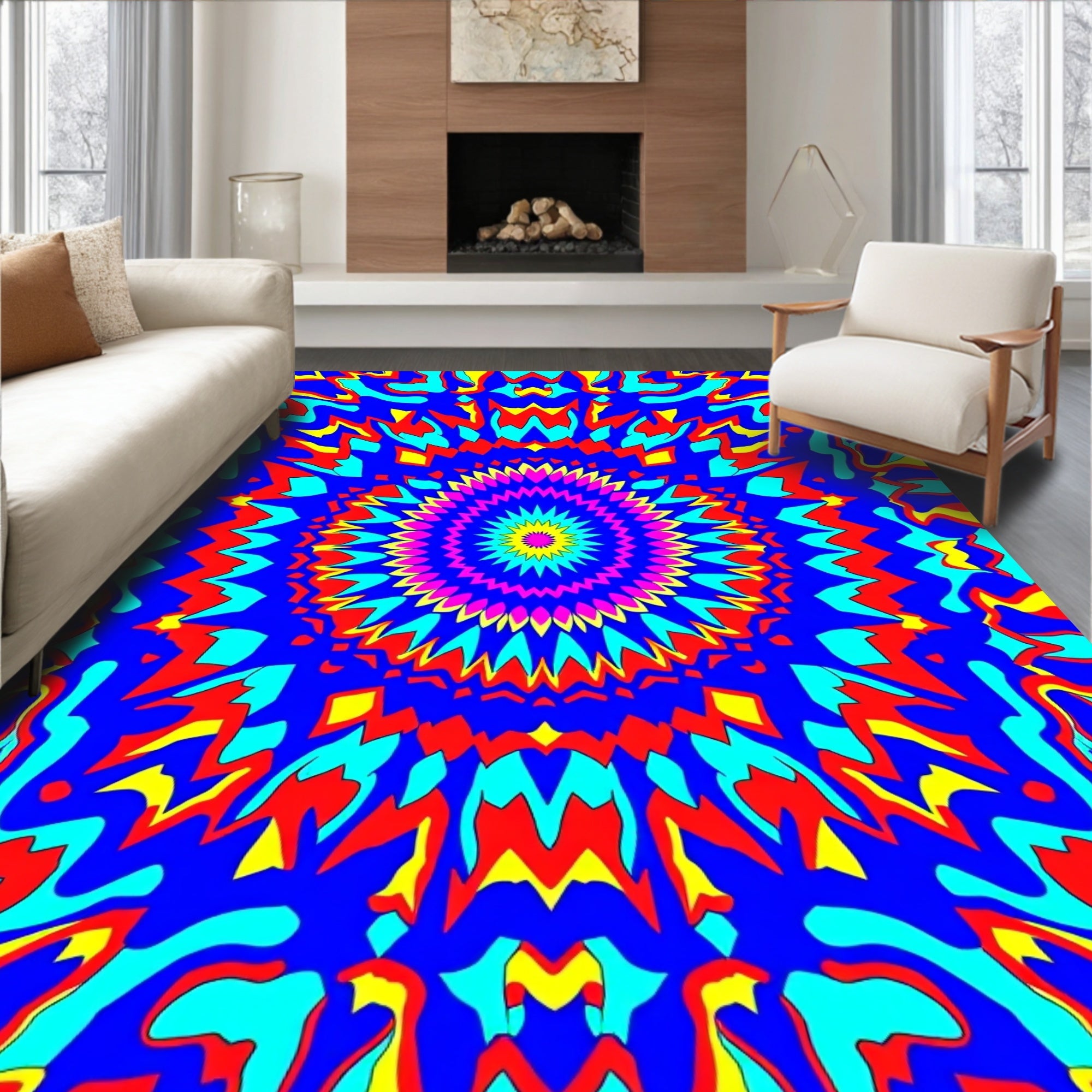 Vibrant psychedelic mandala blue Rug