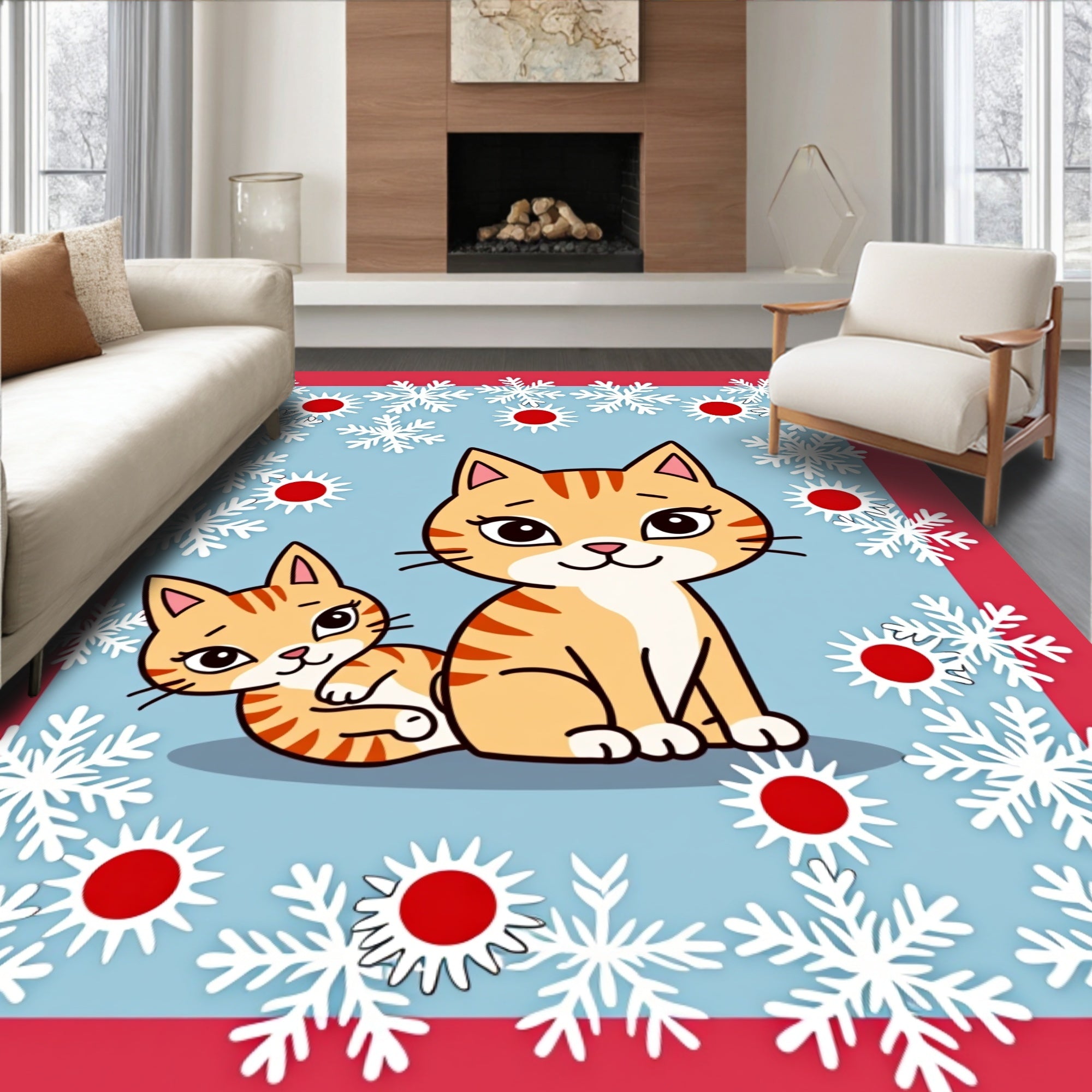 Orange Kittens With Snowflakes Border Rug