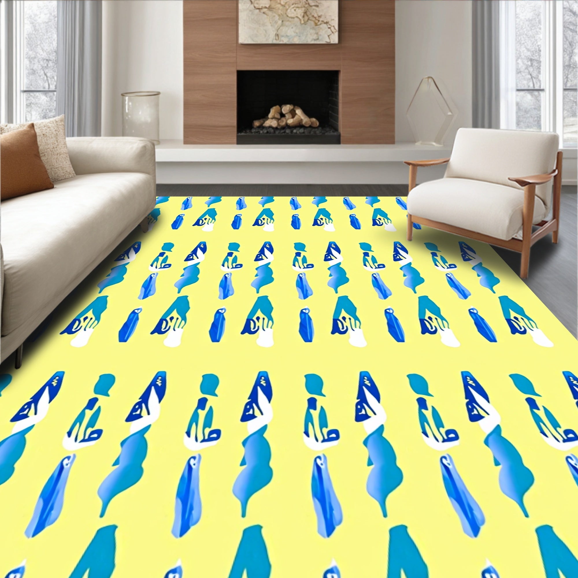 Abstract Blue and White Organic Forms Ruled Rug