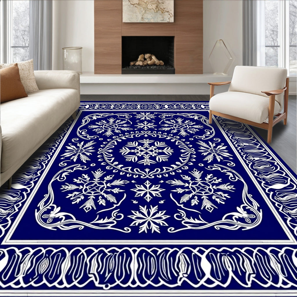 Deep Blue Floral Snowflake Medallion Rug