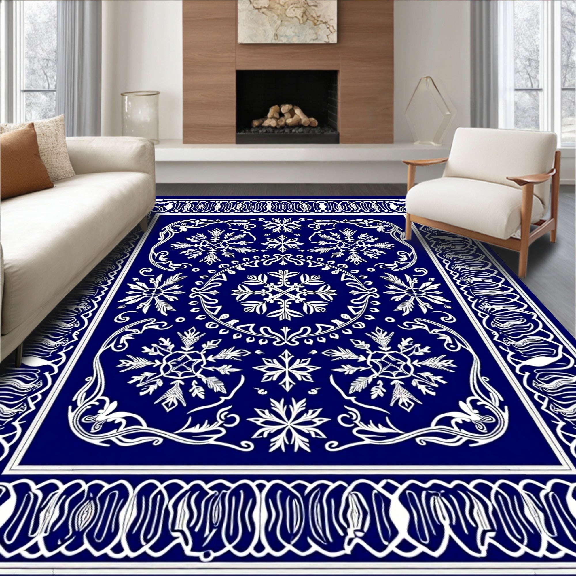 Deep Blue Floral Snowflake Medallion Rug