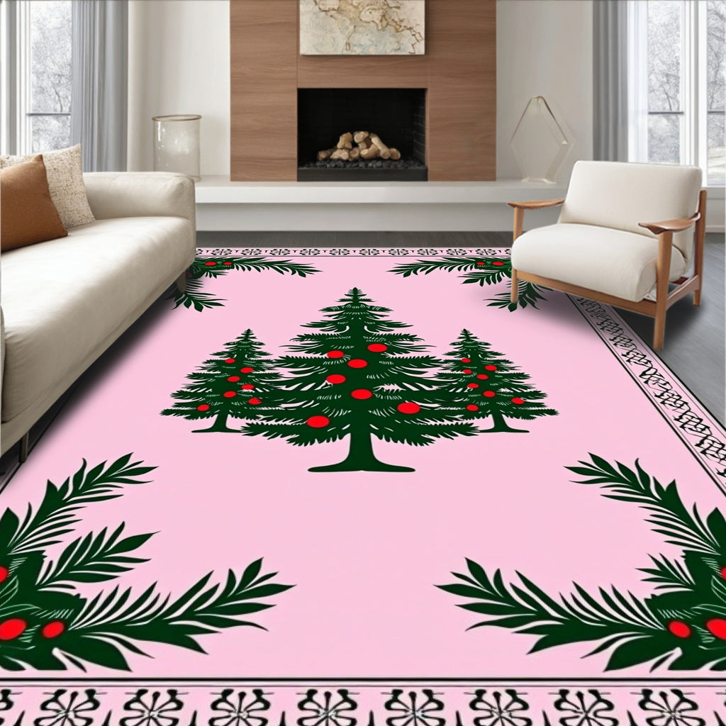 Pink Evergreen Christmas Tree Border Rug