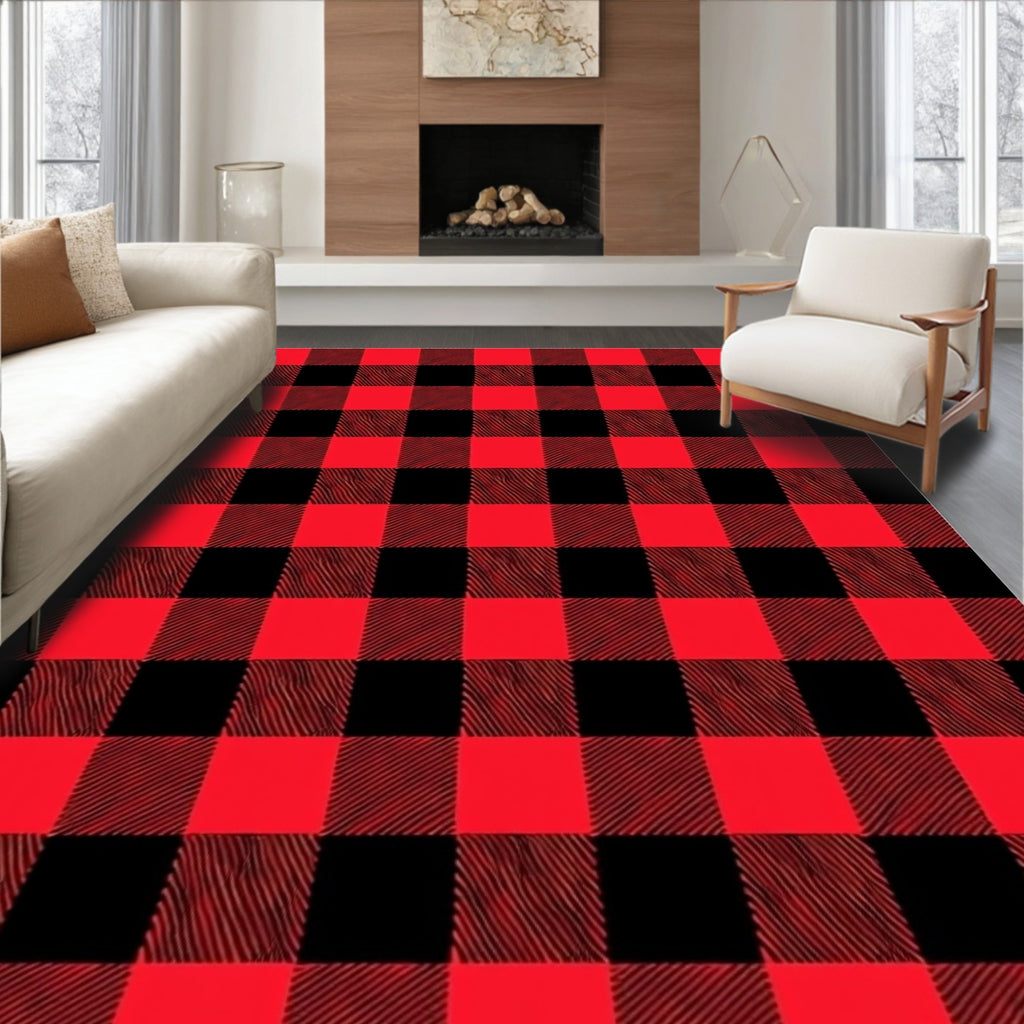 Crimson Black Gingham Weave Fabric Rug