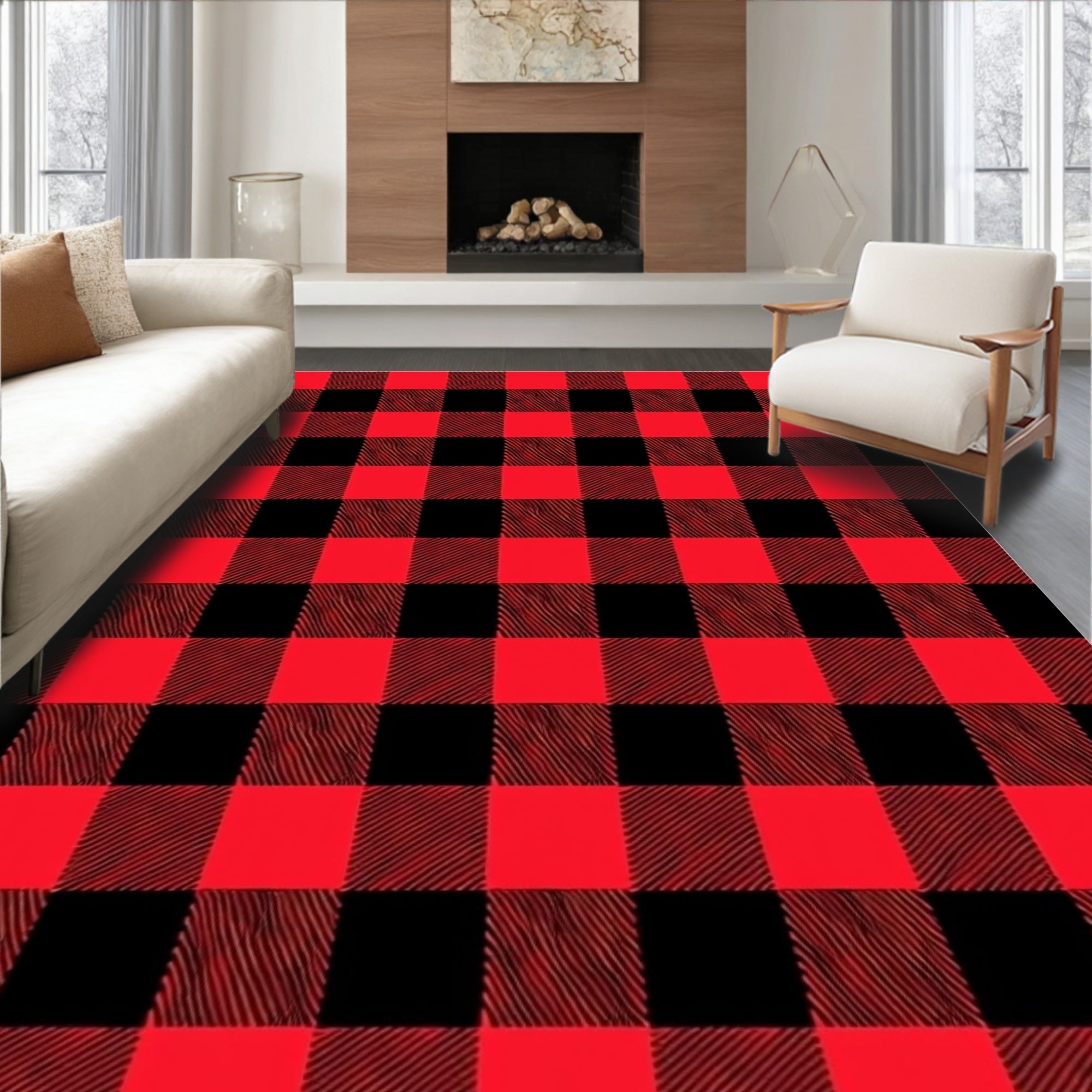 Crimson Black Gingham Weave Fabric Rug