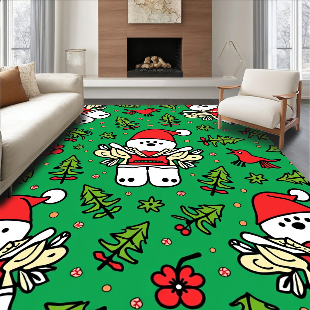 Whimsical Red Birds Christmas Trees Rug