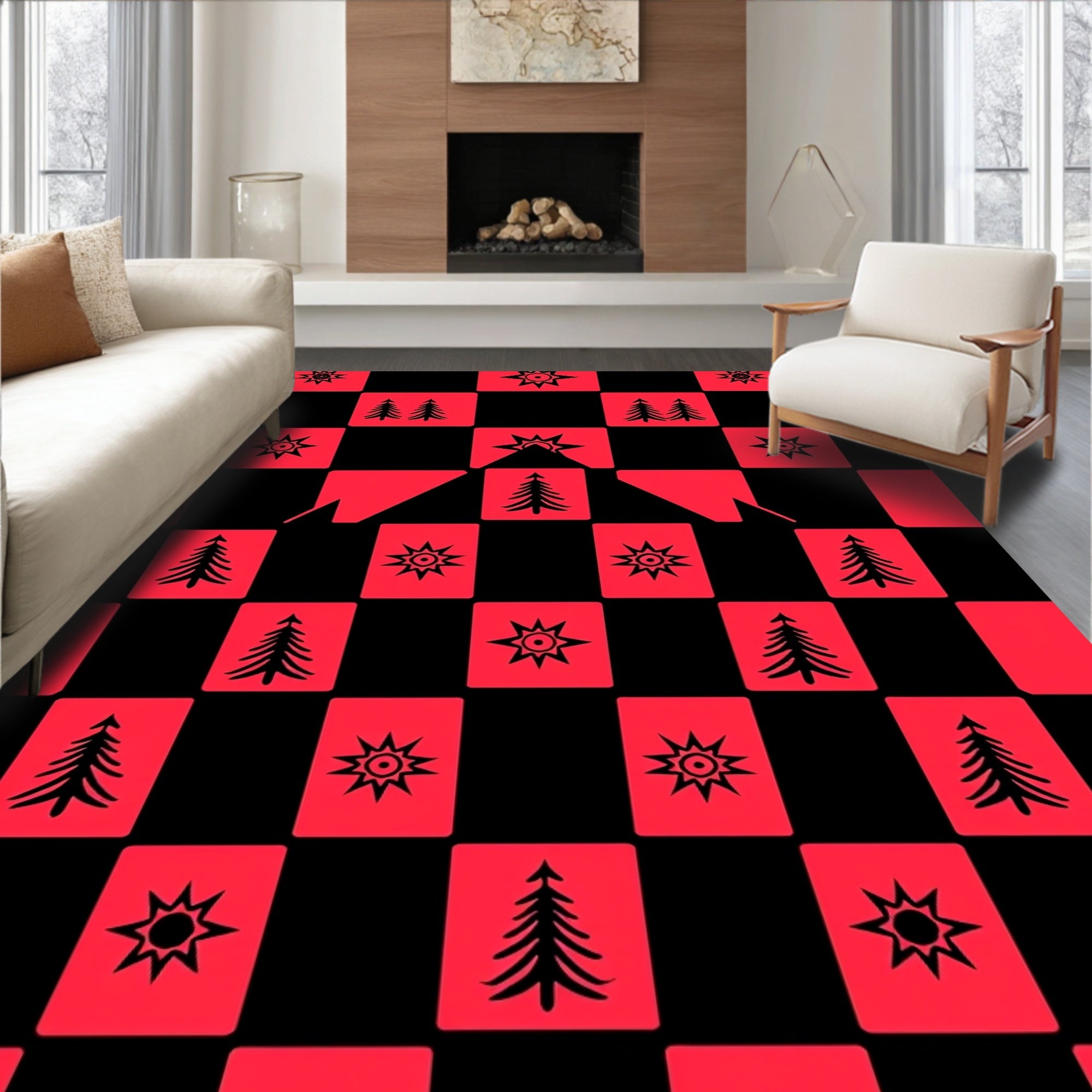 Red Black Woodland Star Trees Rug