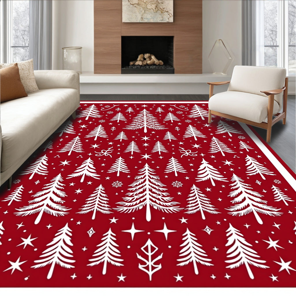 Crimson Forest Snowflake Christmas Trees Rug