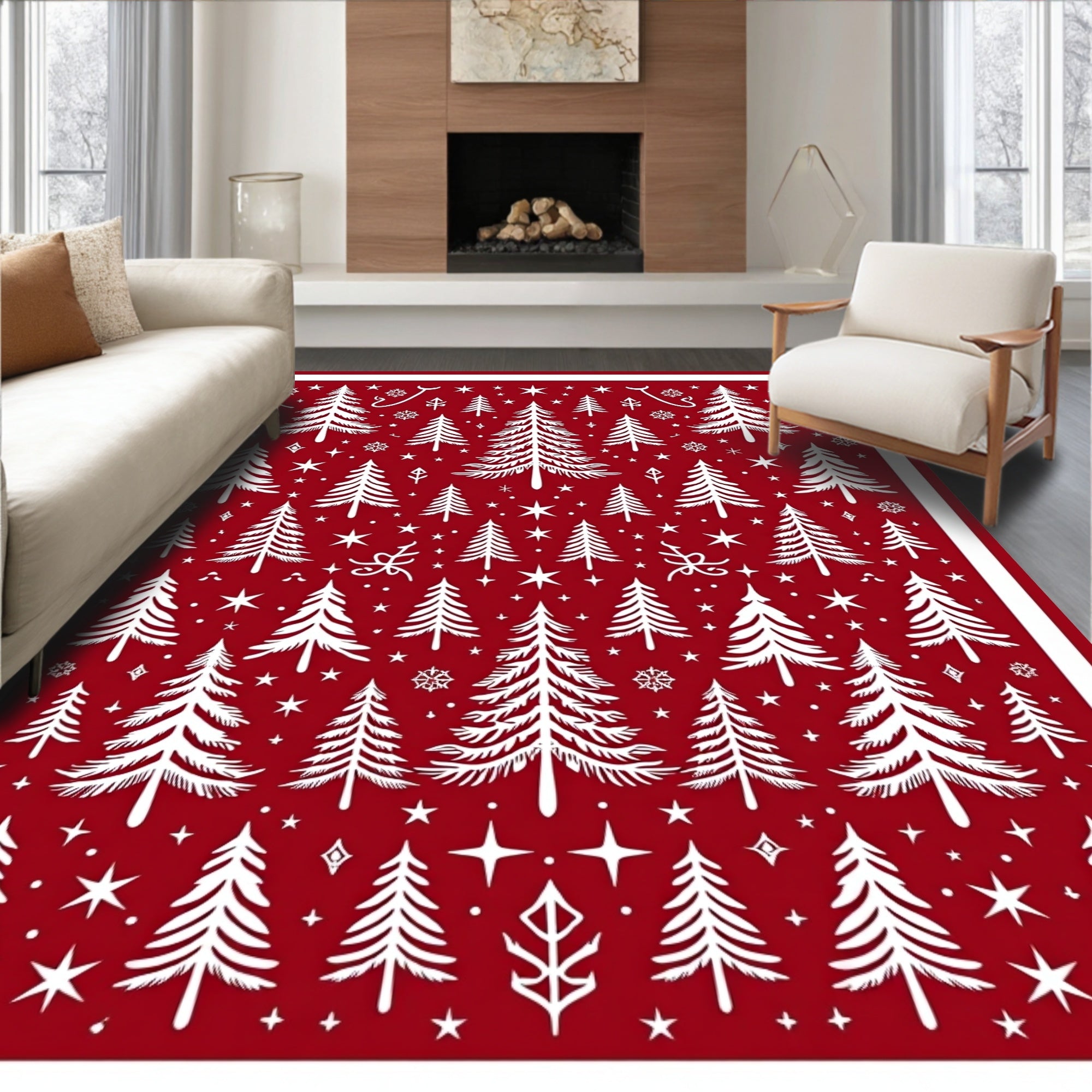Crimson Forest Snowflake Christmas Trees Rug