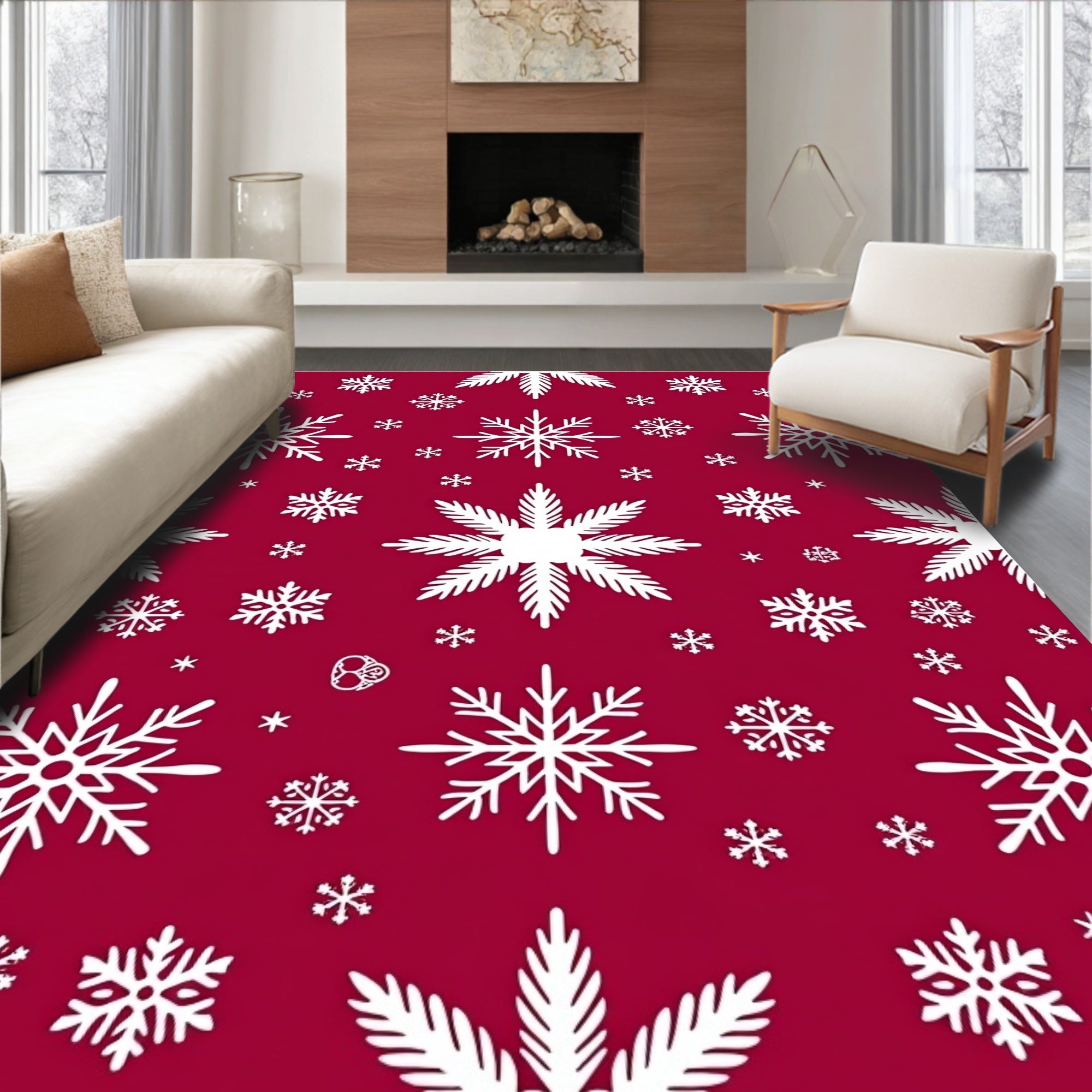 Crimson Snowflake Holiday Tile Rug