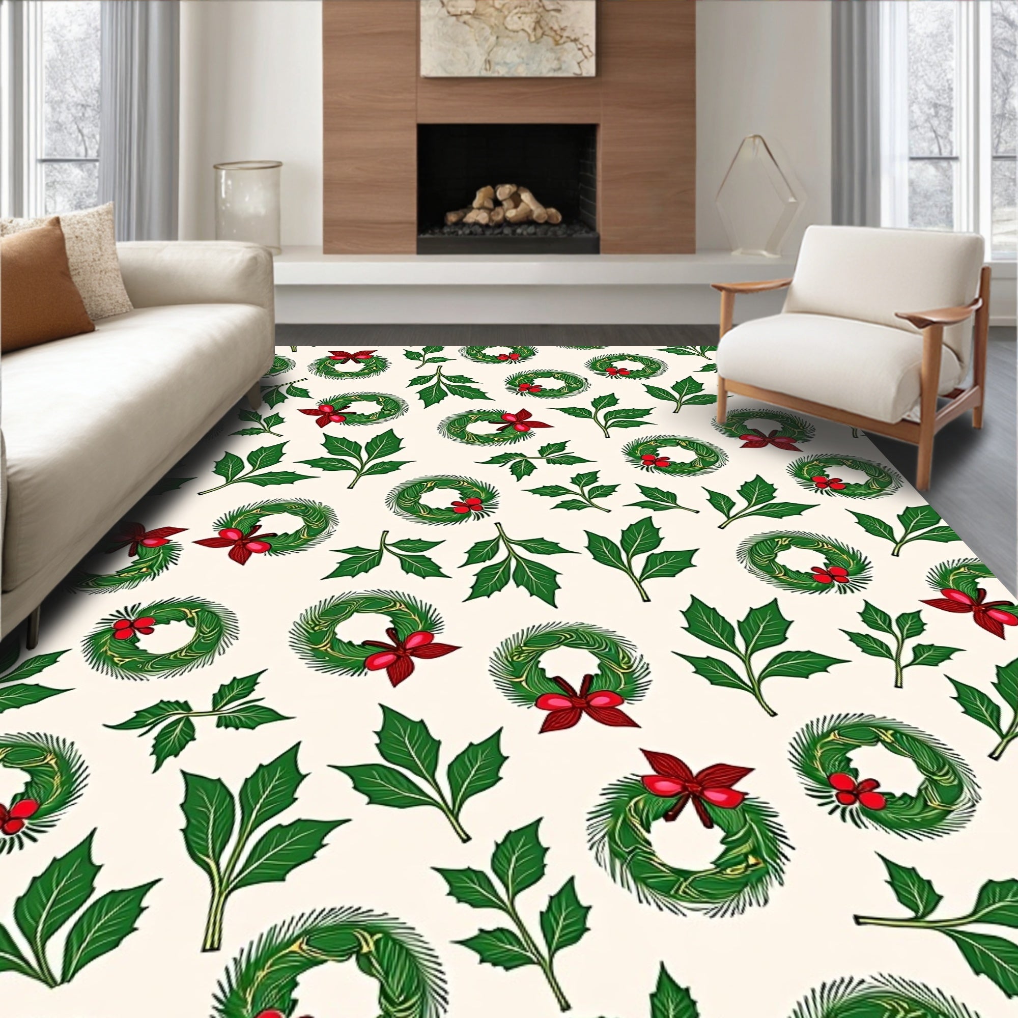 Festive Red Bow Wreath Holly Rug