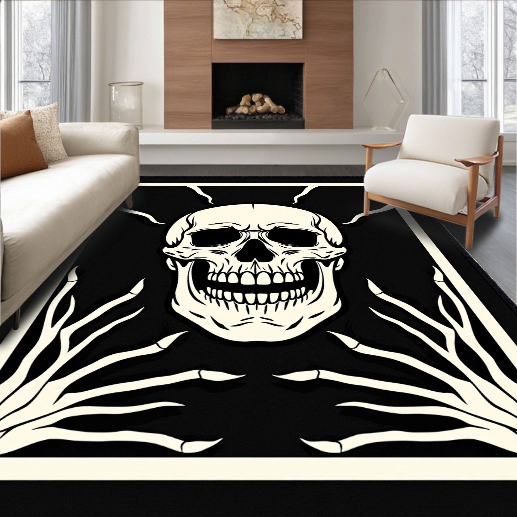 Black and Bone Skull Skeleton Hands Rug