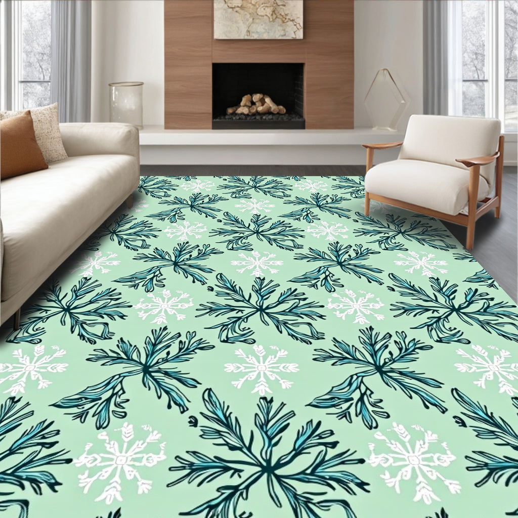Teal White Snowflake Autumn Bloom Rug