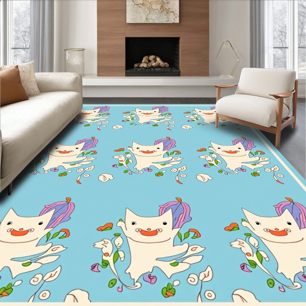 Playful White Cat Floral Medallion Rug