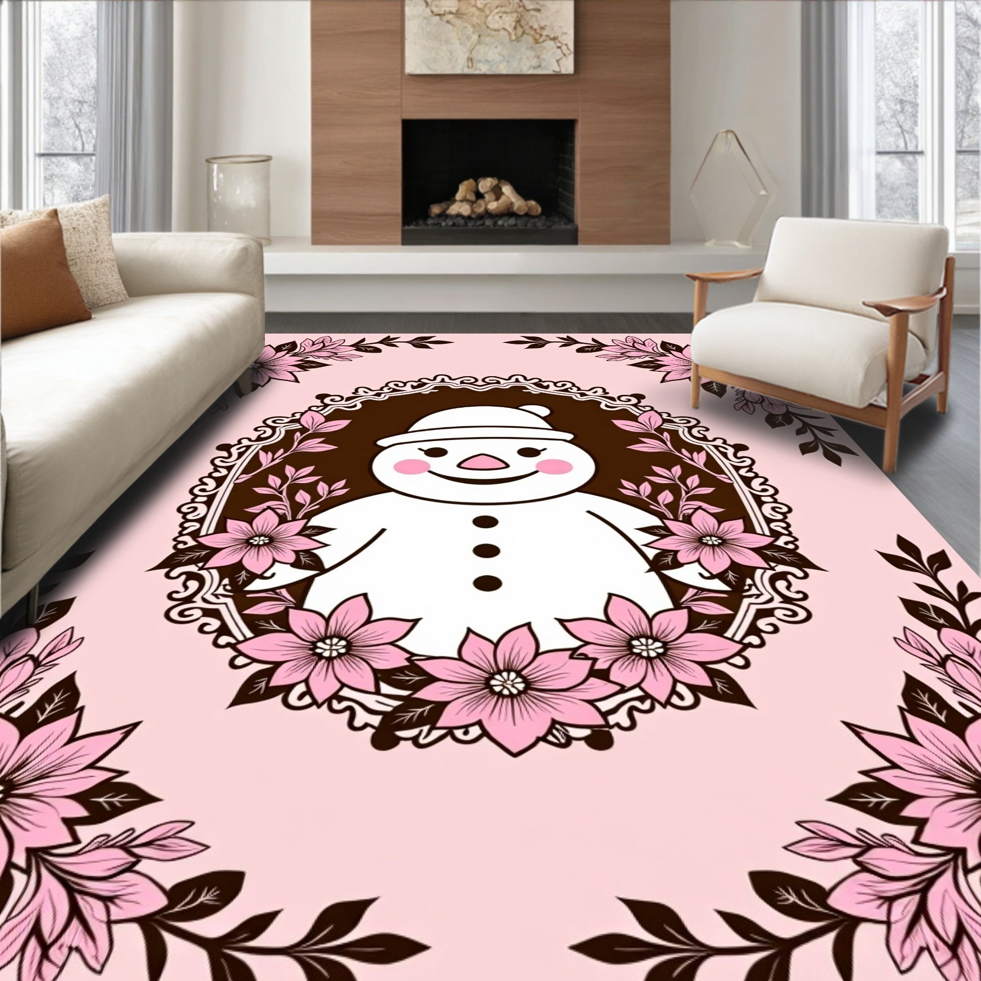 Pink Snowman Floral Frame Romance Rug