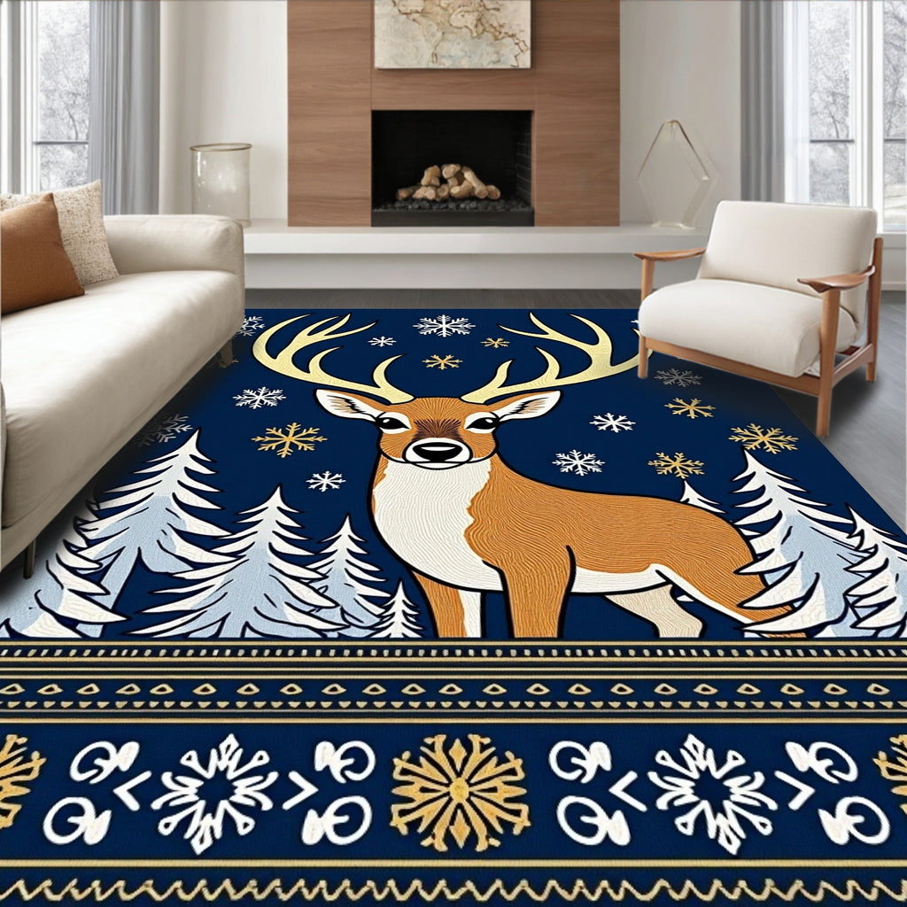 Golden Antler Stag Winter Snowflake Border Rug