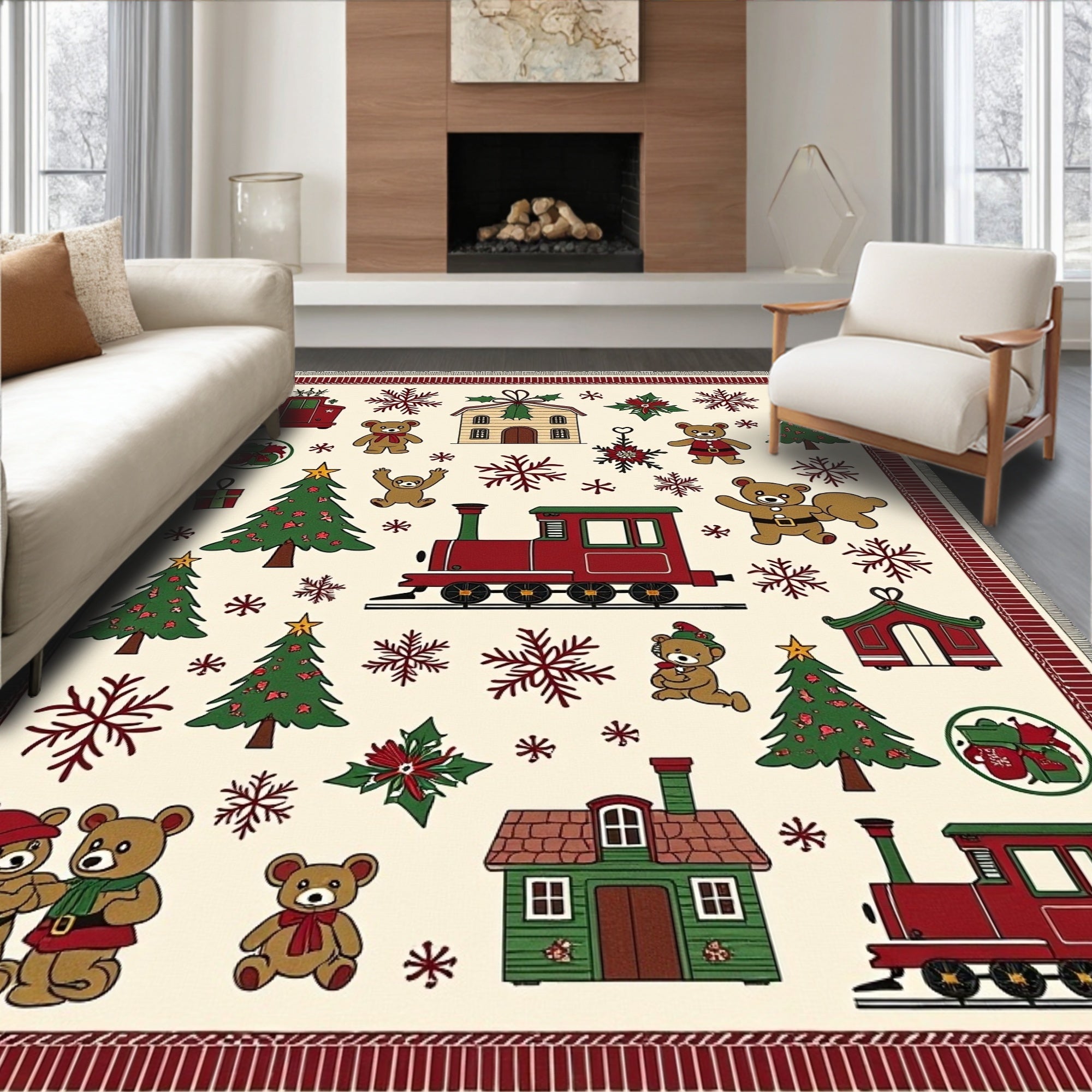 Christmas Bears and Trains Cream Rug