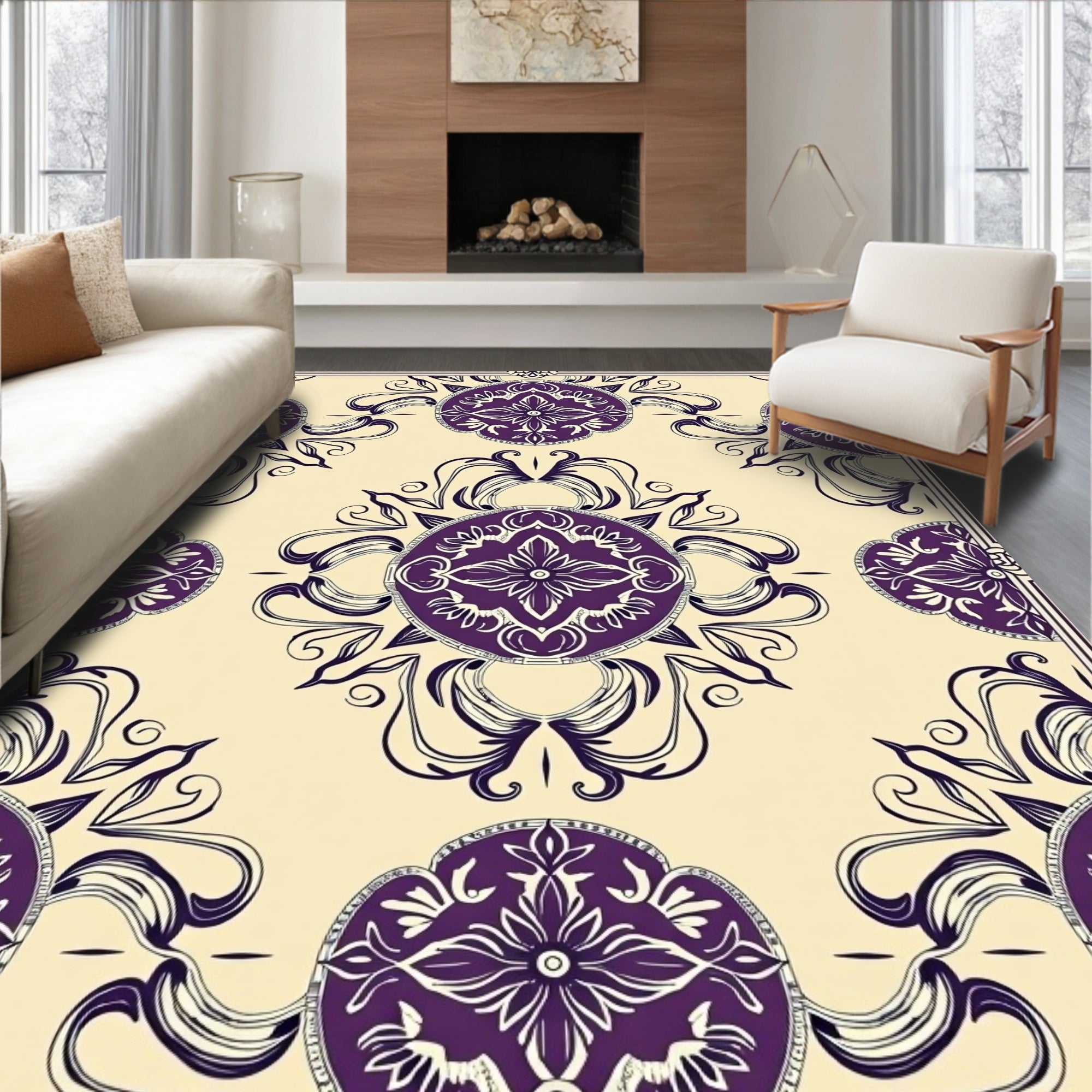 Elegant Plum Floral Mandala Arrangement Rug