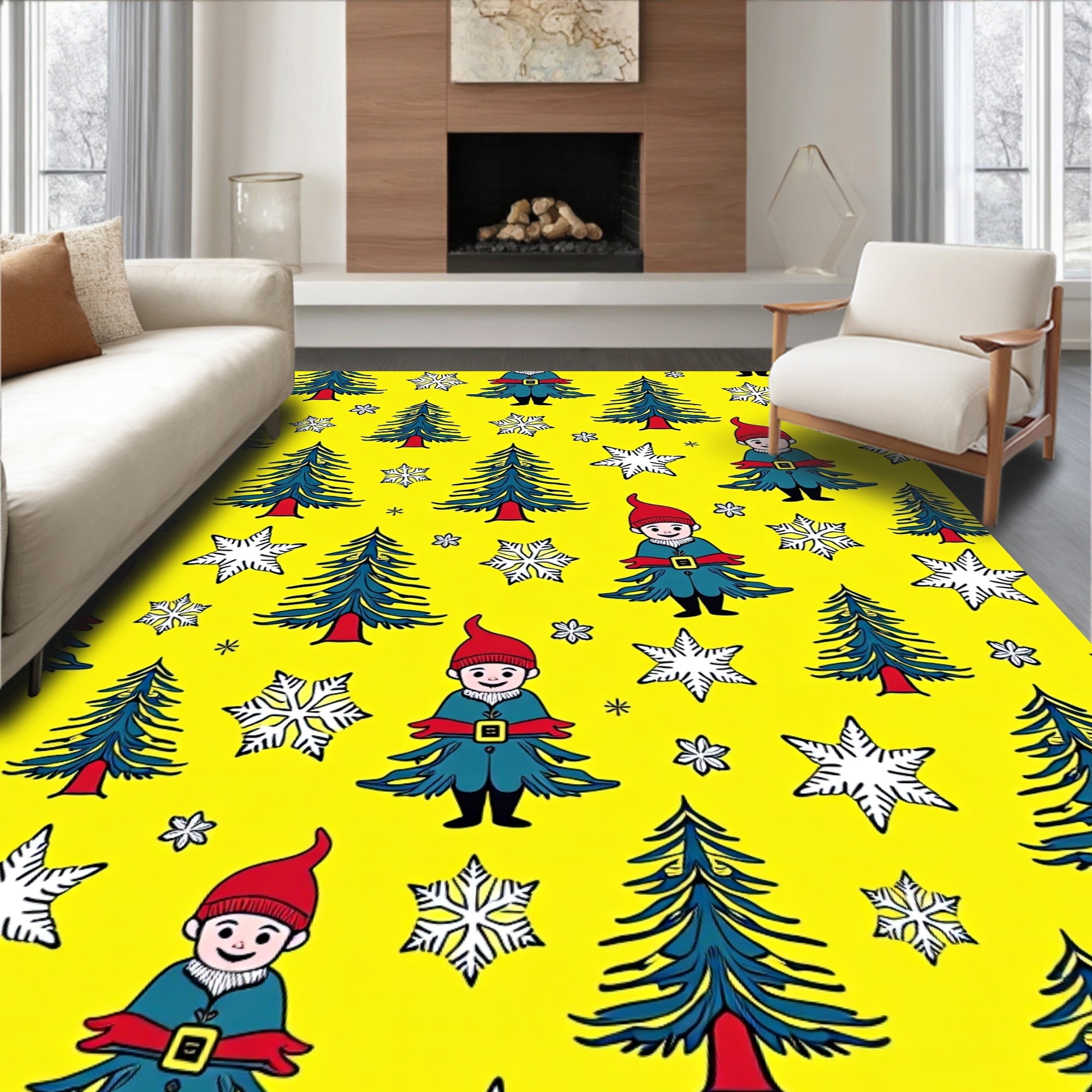 Cheerful Yellow Christmas Gnomes Trees Rug