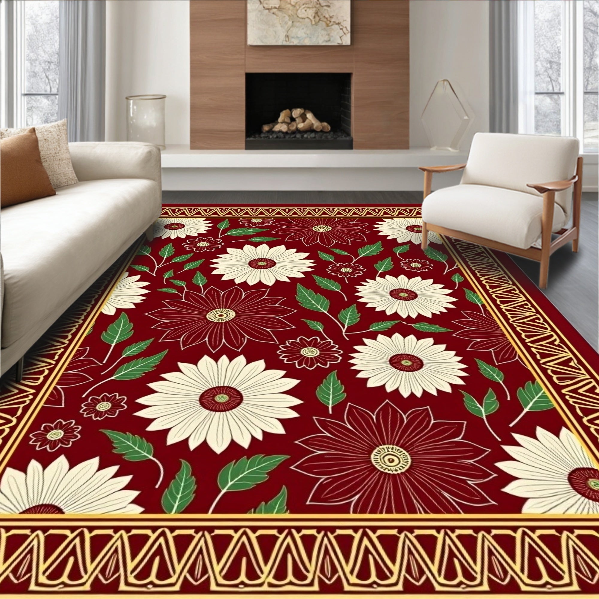 Crimson Floral Medallion Garden Rug