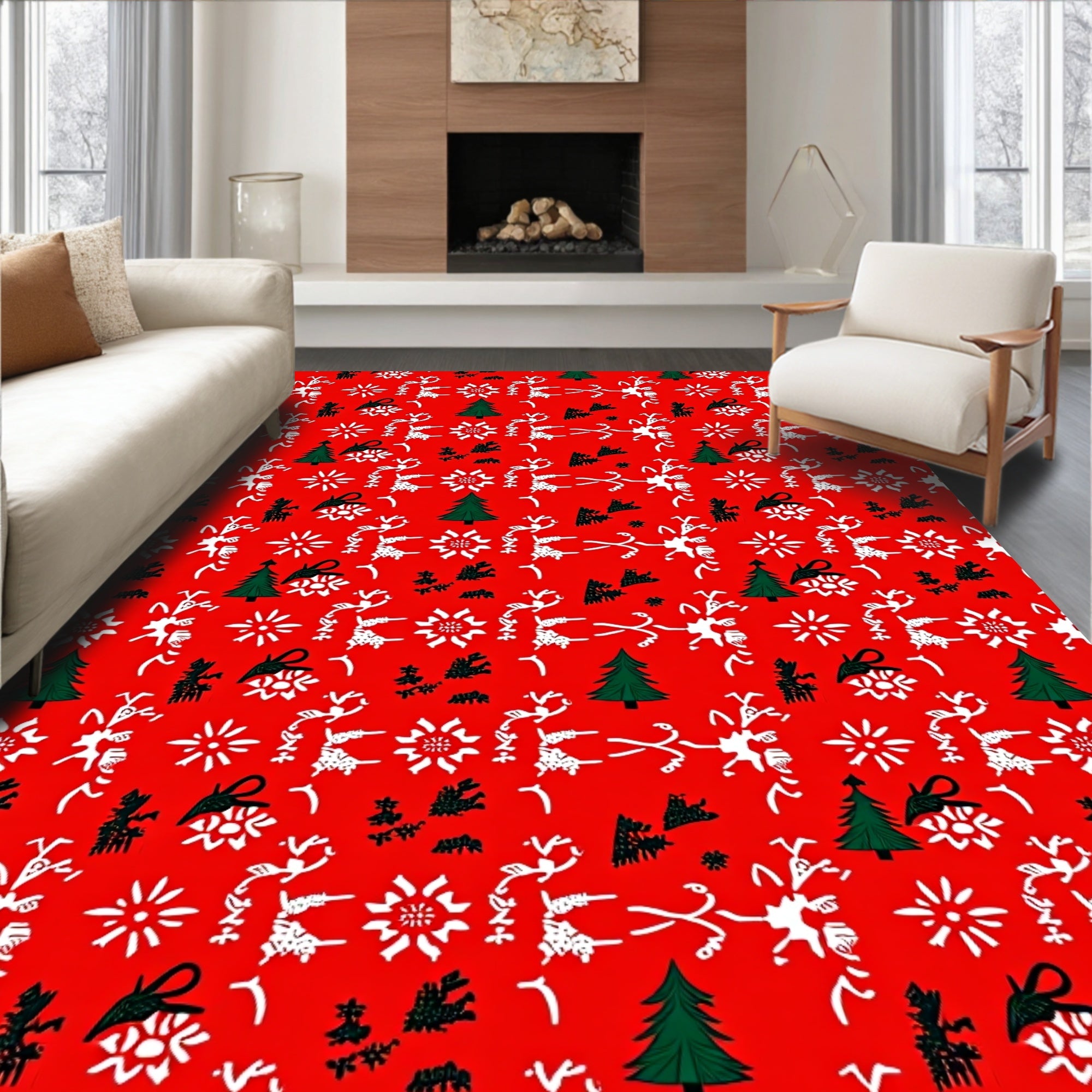 Festive Red Reindeer and Tree Collage Rug