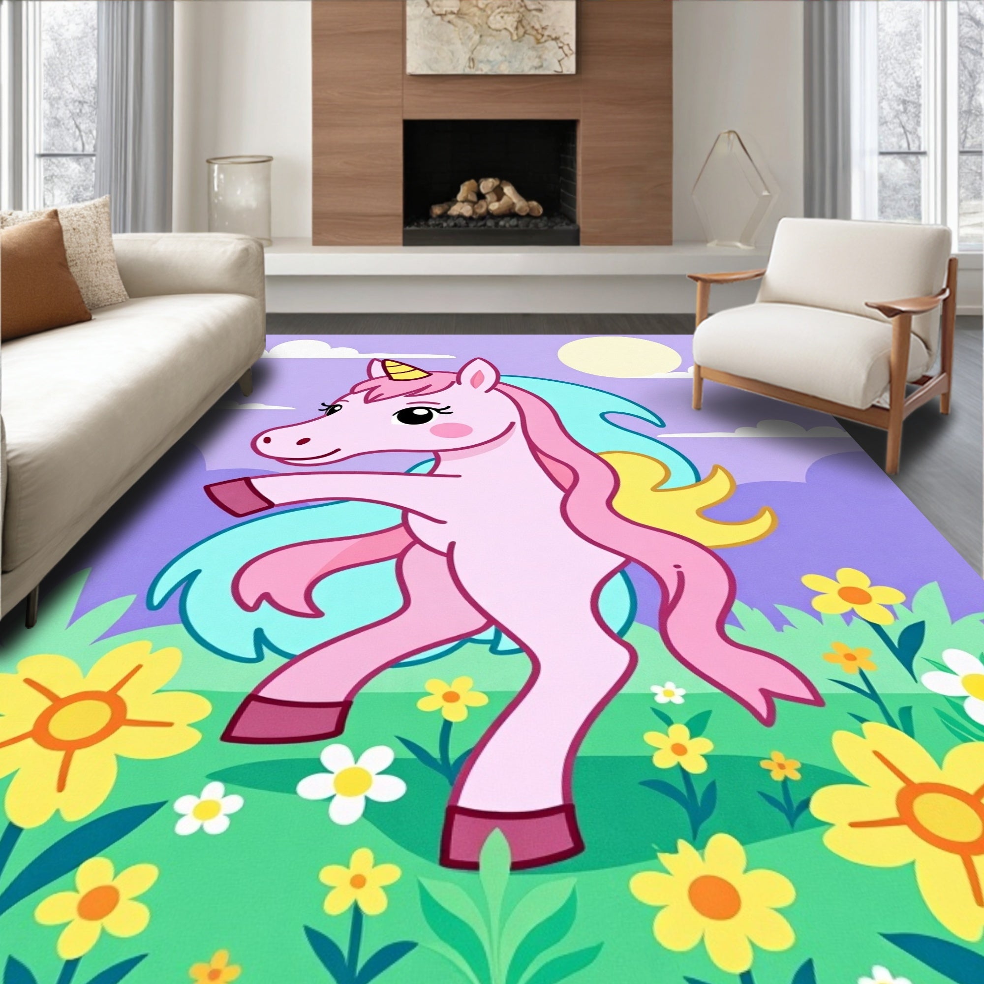 Whimsical Pink Unicorn Floral Meadow Rug