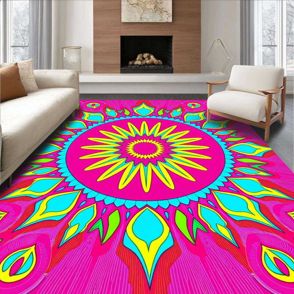 Vibrant Pink Yellow Floral Mandala Rug