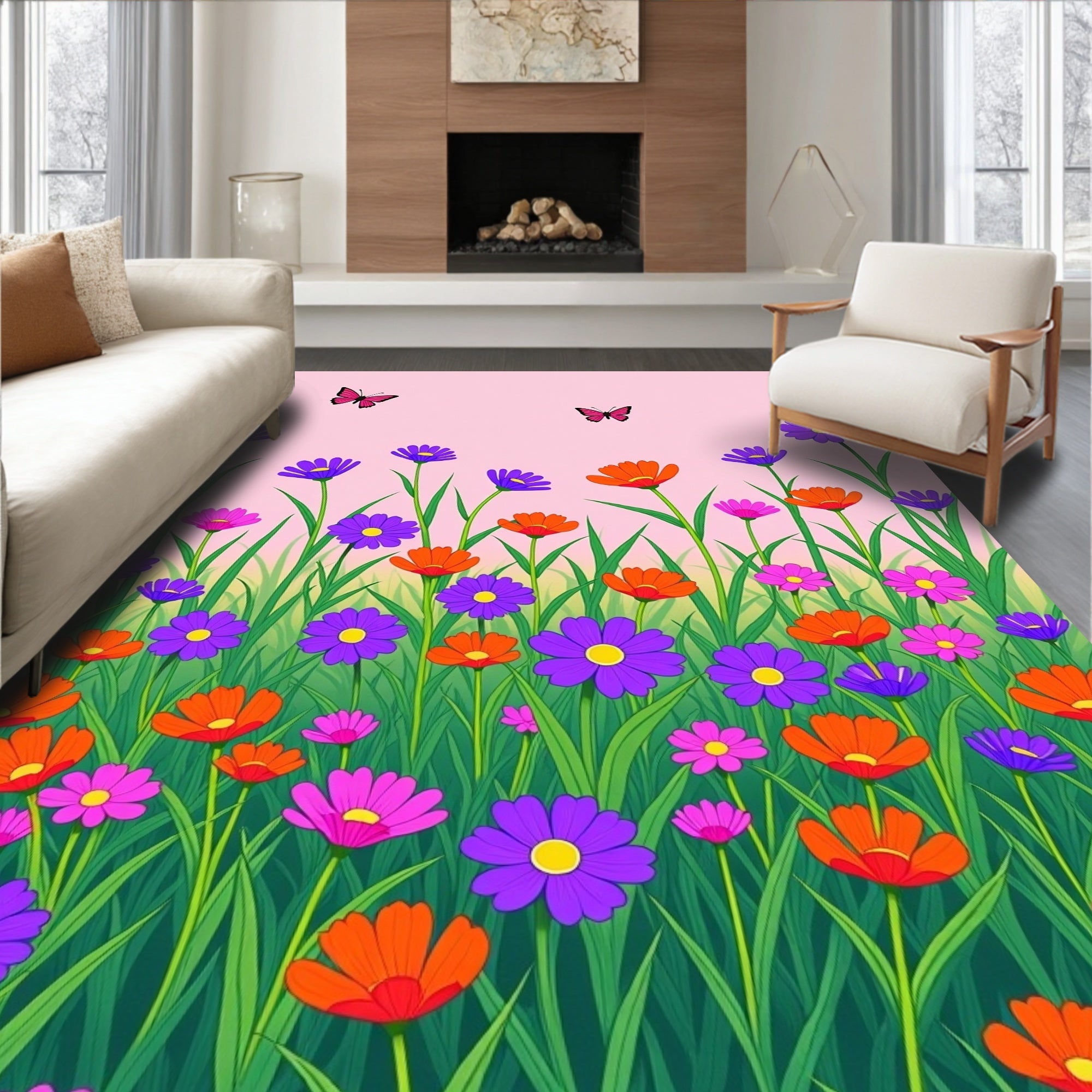 Whimsical Floral Garden Butterfly Rug