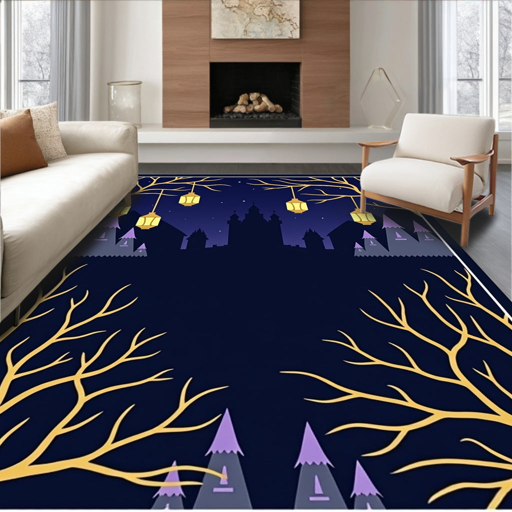 Golden Tree Night Castle Lanterns Rug