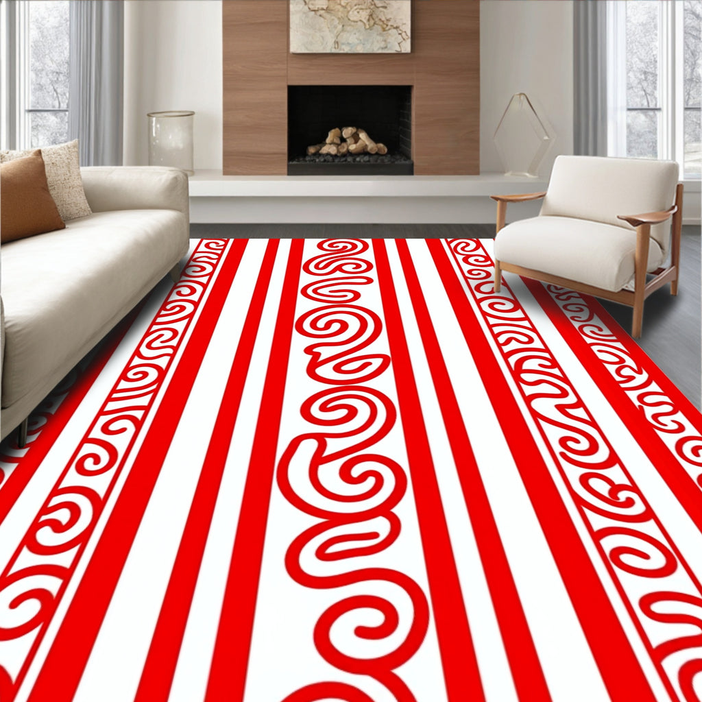 Bold Red Vertical Scroll Stripe Rug