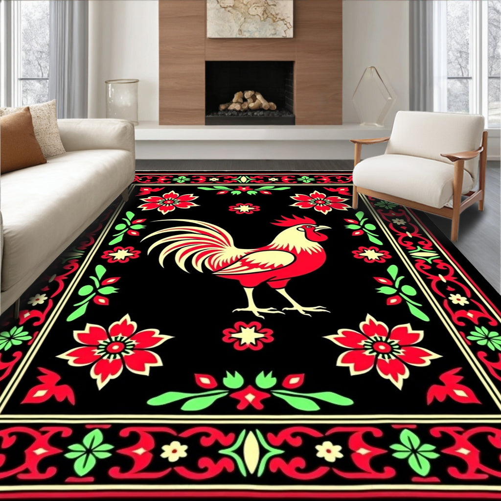 Bold Rooster Red Folk Art Rug