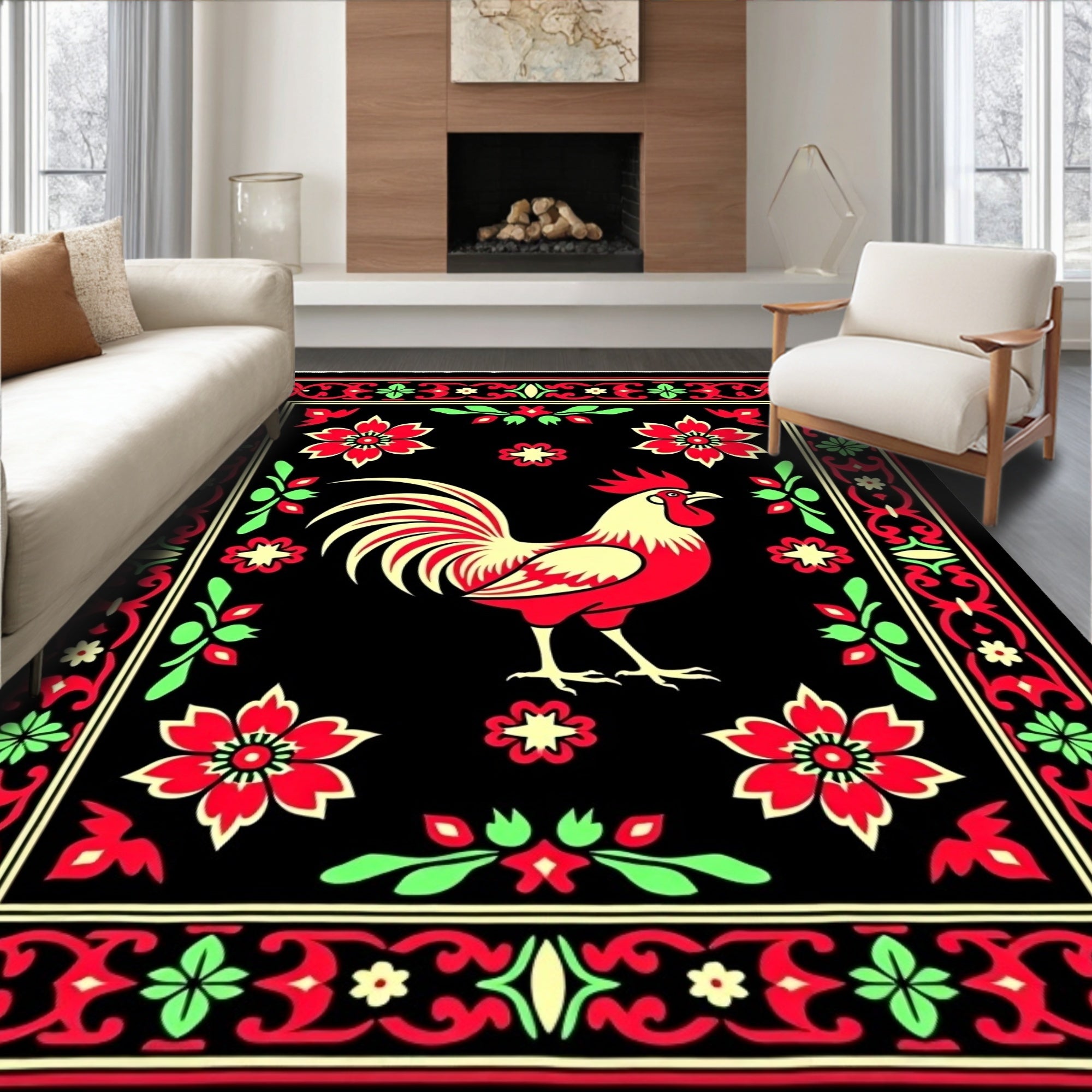 Bold Rooster Red Folk Art Rug