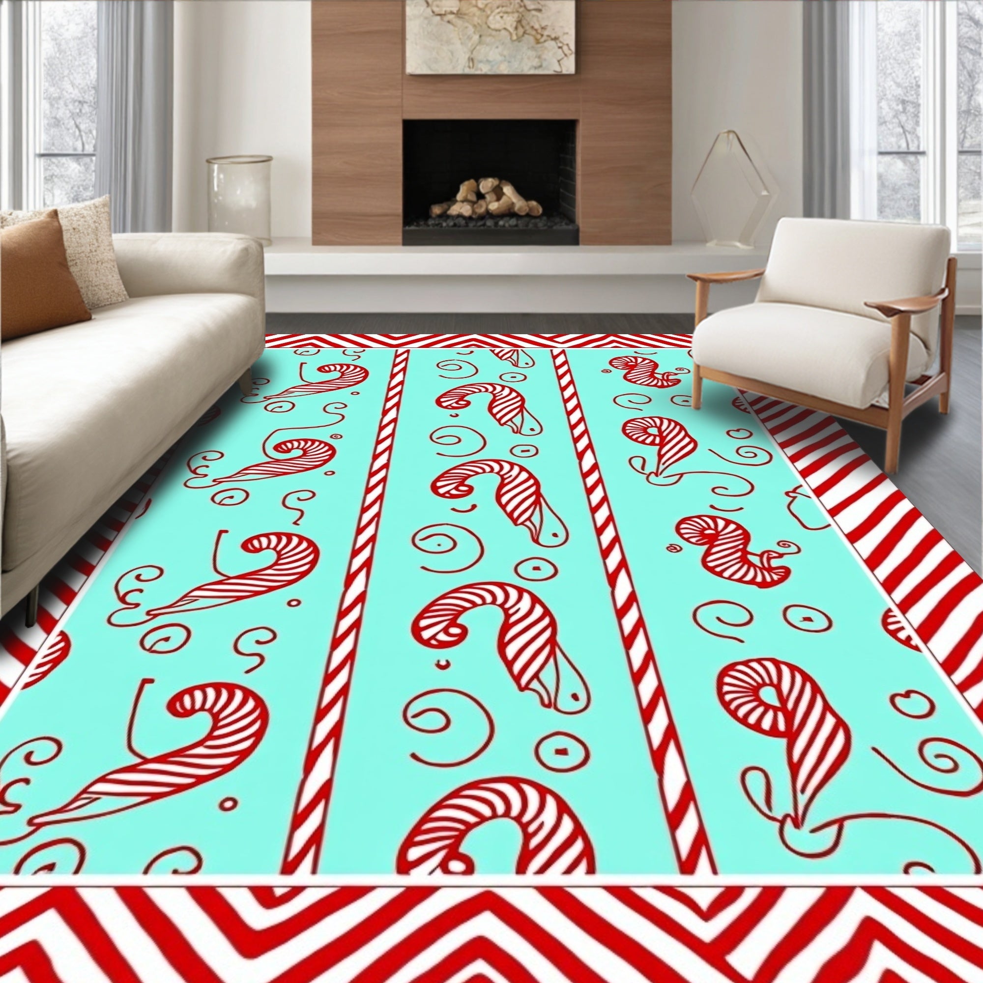 Red Candy Cane Stripes Aqua Rug