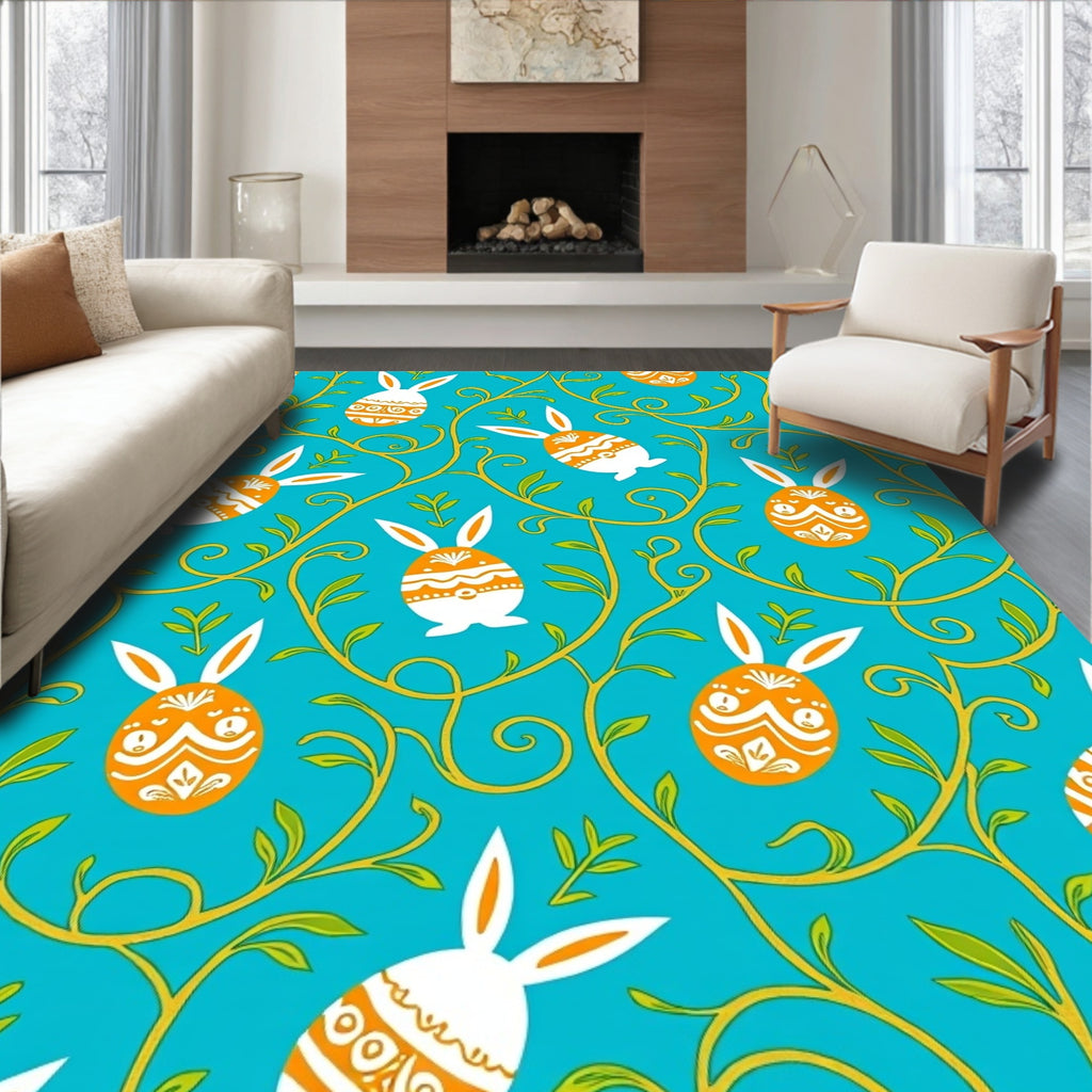 Orange White Egg Bunny Vine Blue Rug
