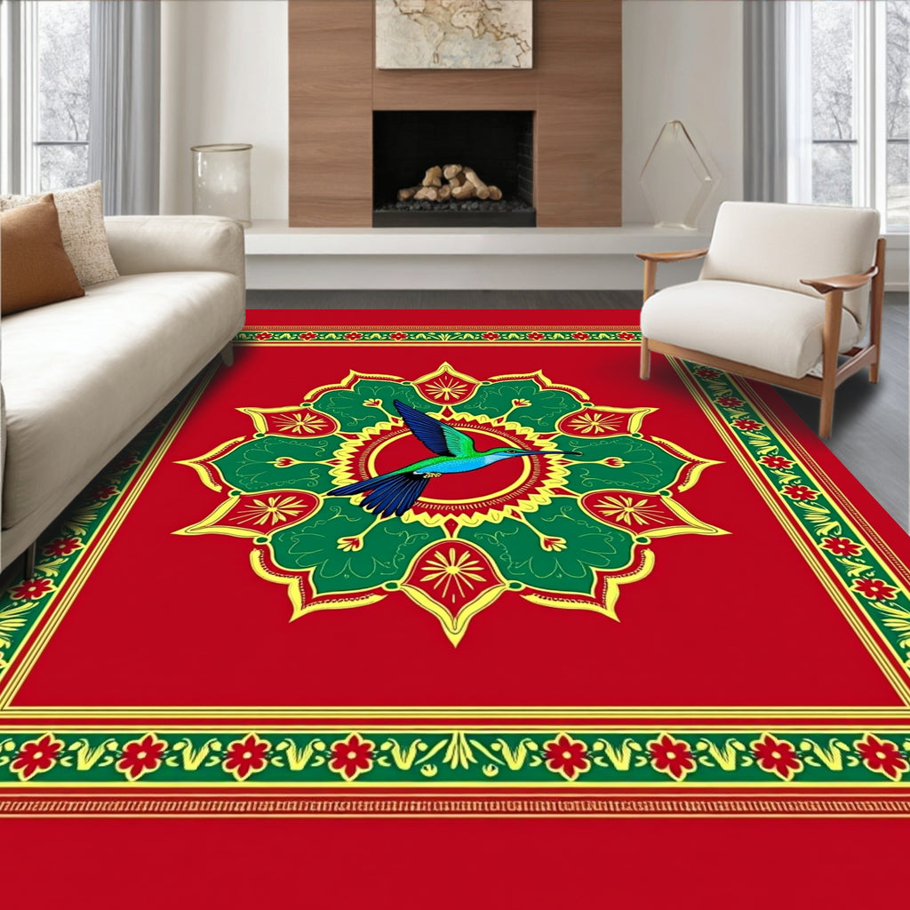 Vibrant Emerald Hummingbird Floral Medallion Rug