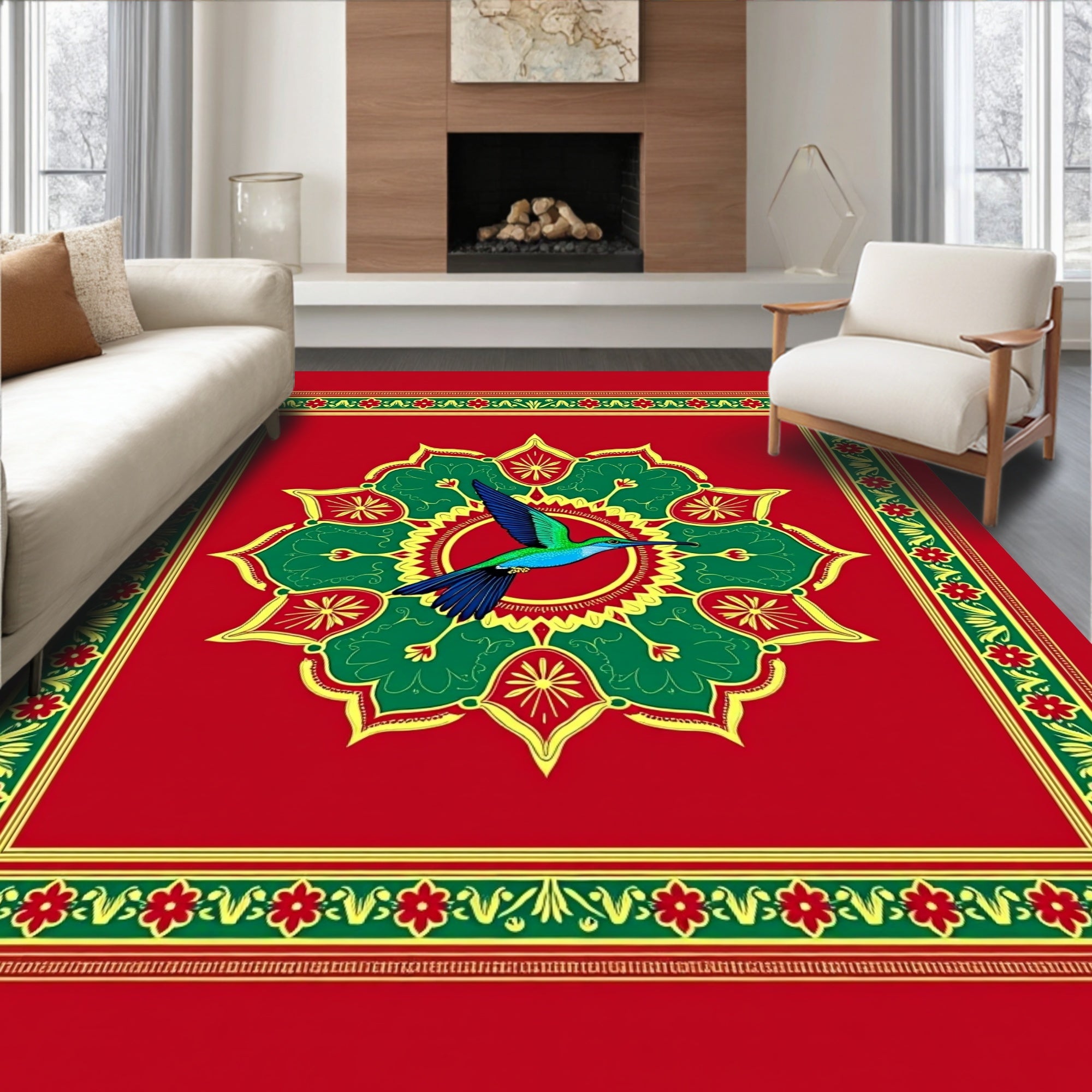 Vibrant Emerald Hummingbird Floral Medallion Rug